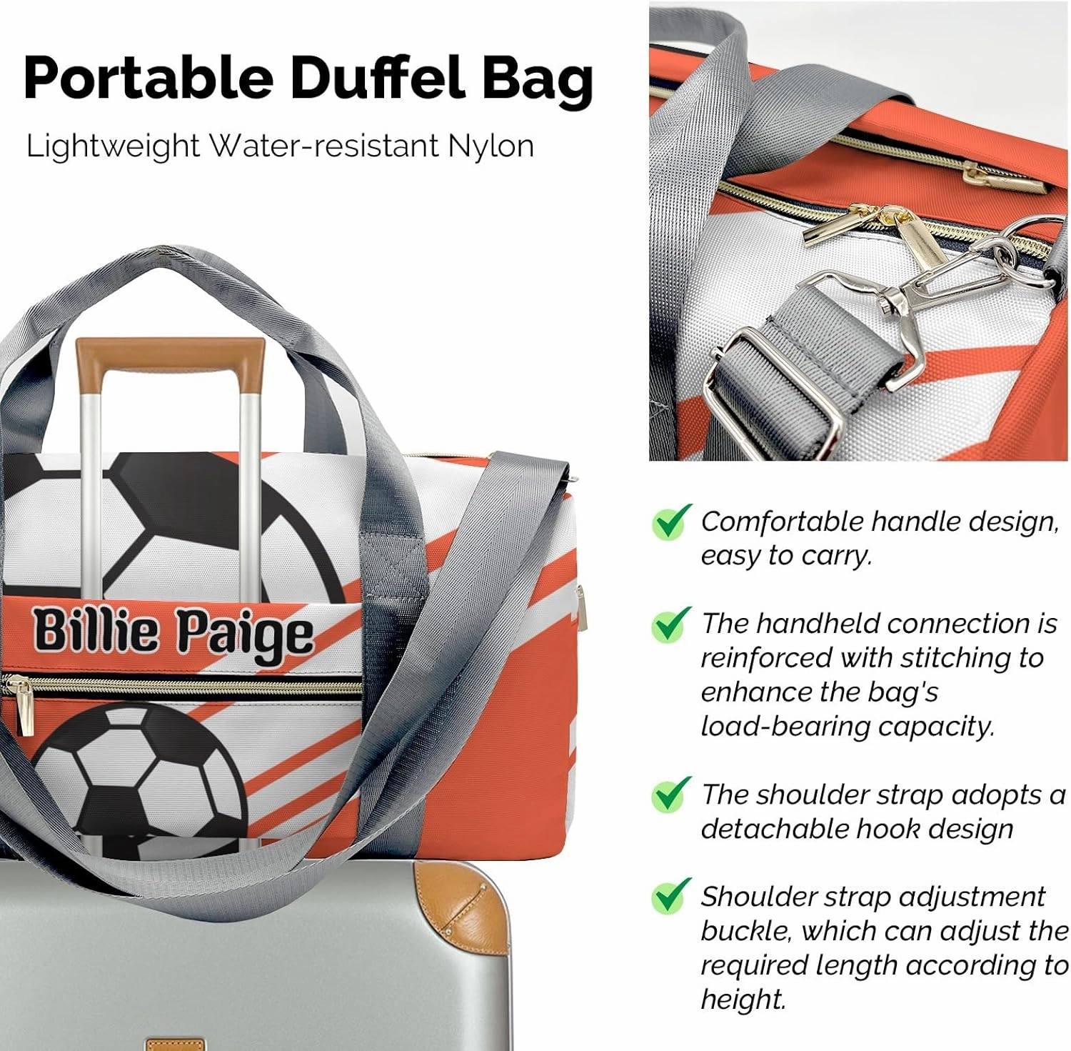 Personalized Soccer Ball Sports Orange Customized Handbag Travel Bag, Unisex Portable Travel Bag, Sports and Fitness Duffel Bag, Short Trip Storage Bag