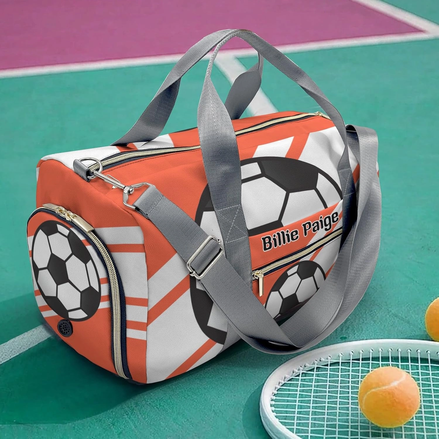 Personalized Soccer Ball Sports Orange Customized Handbag Travel Bag, Unisex Portable Travel Bag, Sports and Fitness Duffel Bag, Short Trip Storage Bag