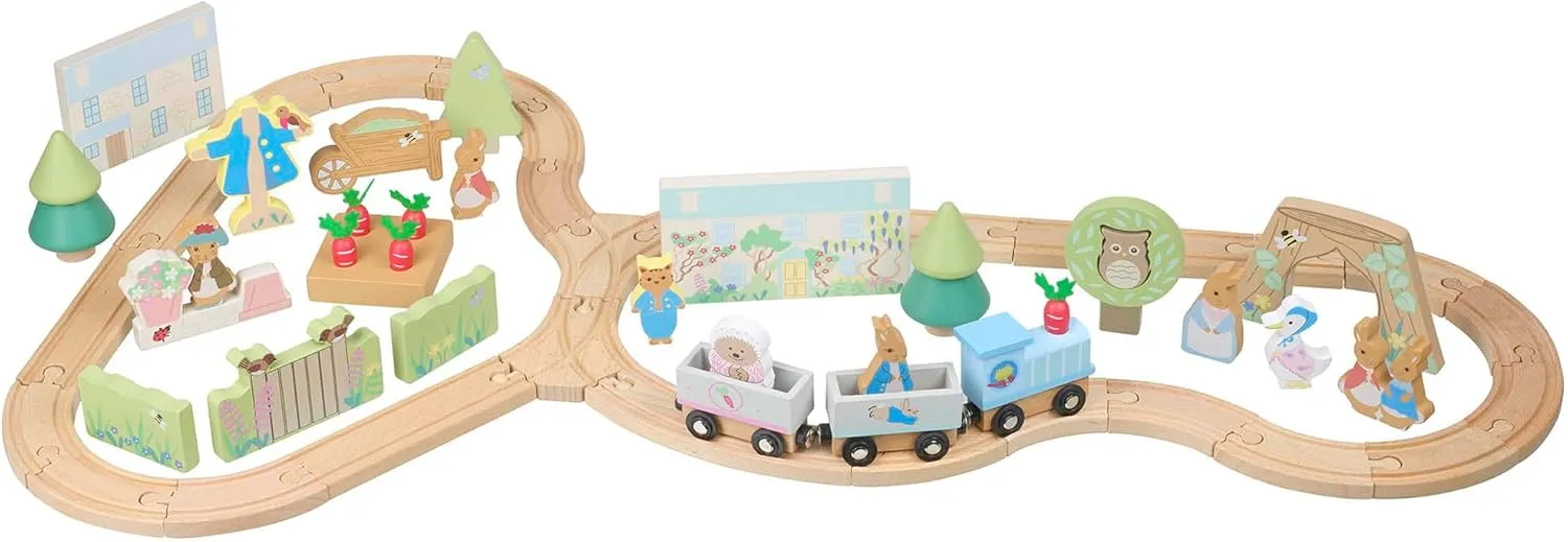 Peter Rabbit: Radish Express Train Set - Wooden Building Track Playset, Chunky Charter & Scenery Pieces. Construction Toy, Licensed, Kids Ages 3 