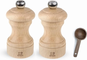 Peugeot Bistro Manual Salt & Pepper Mill, Natural Wood 10 cm - 4in - With Wooden Spice Scoop (Salt & Pepper Mill Set)