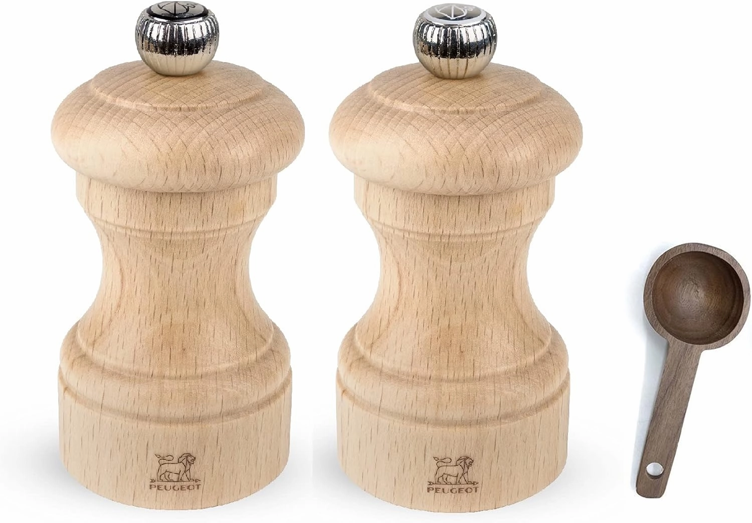 Peugeot Bistro Manual Salt & Pepper Mill, Natural Wood 10 cm - 4in - With Wooden Spice Scoop (Salt & Pepper Mill Set)