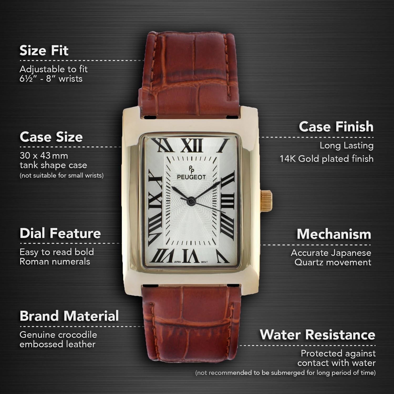 Peugeot Men’s Vintage Tank Shape 14K Gold Plated Wrist Watch with Roman Numeral Dial