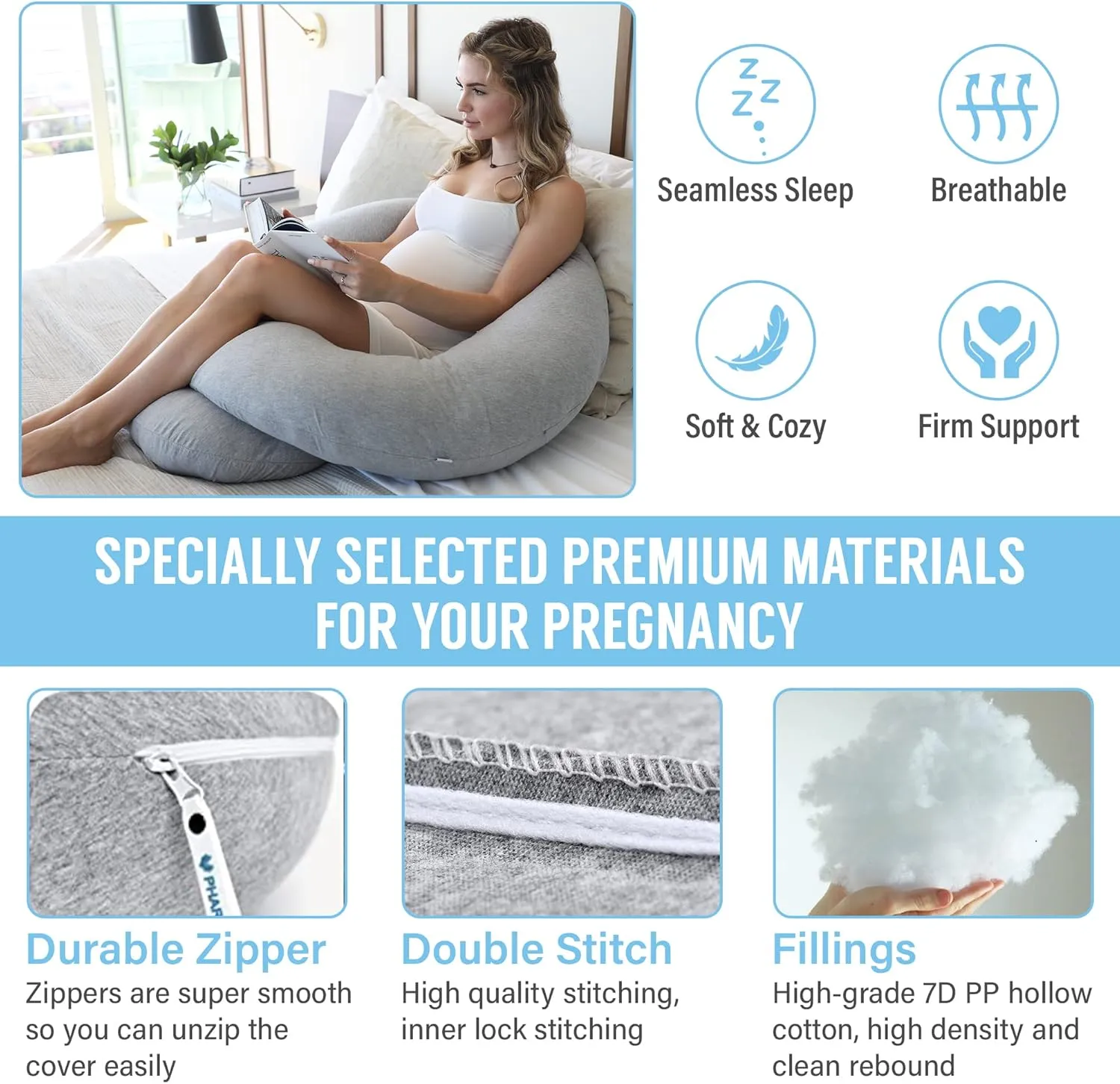 Pharmedoc Pregnancy Pillows, C-Shape Full Body Pillow – Jersey Cover Dark Grey – Pregnancy Pillows for Sleeping – Body Pillows for Adults, Maternity Pillow and Pregnancy Must Haves, New Mom Gifts