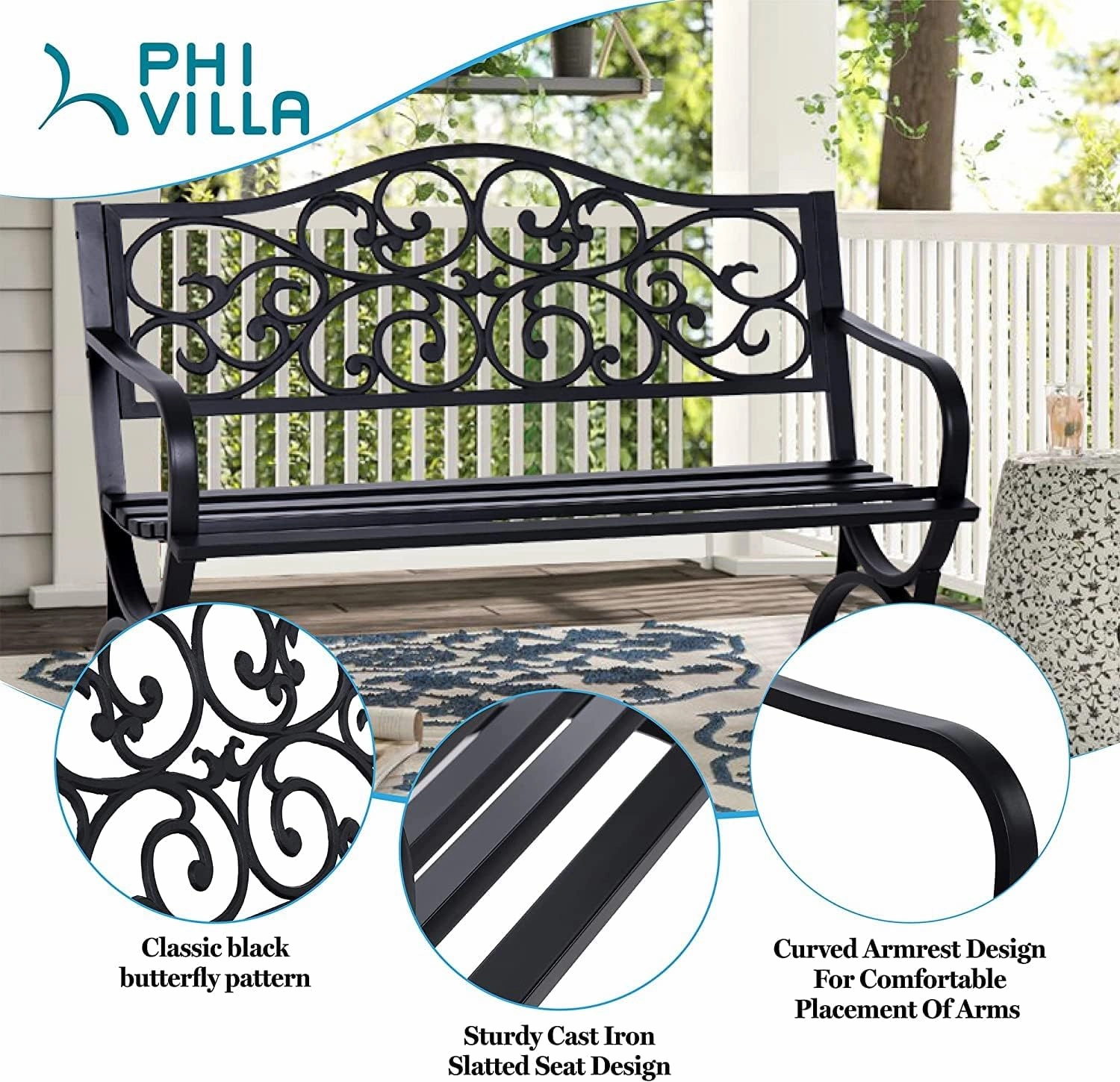 PHI VILLA 50-Inch Cast Iron Steel Frame Garden Bench Outdoor Patio Bench Chair w/Floral Design Backrest, Slatted Seat for Park, Yard & Porch, Black