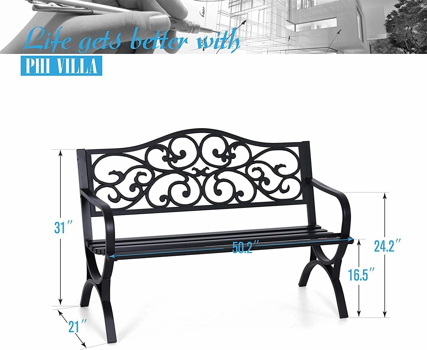 PHI VILLA 50-Inch Cast Iron Steel Frame Garden Bench Outdoor Patio Bench Chair w/Floral Design Backrest, Slatted Seat for Park, Yard & Porch, Black
