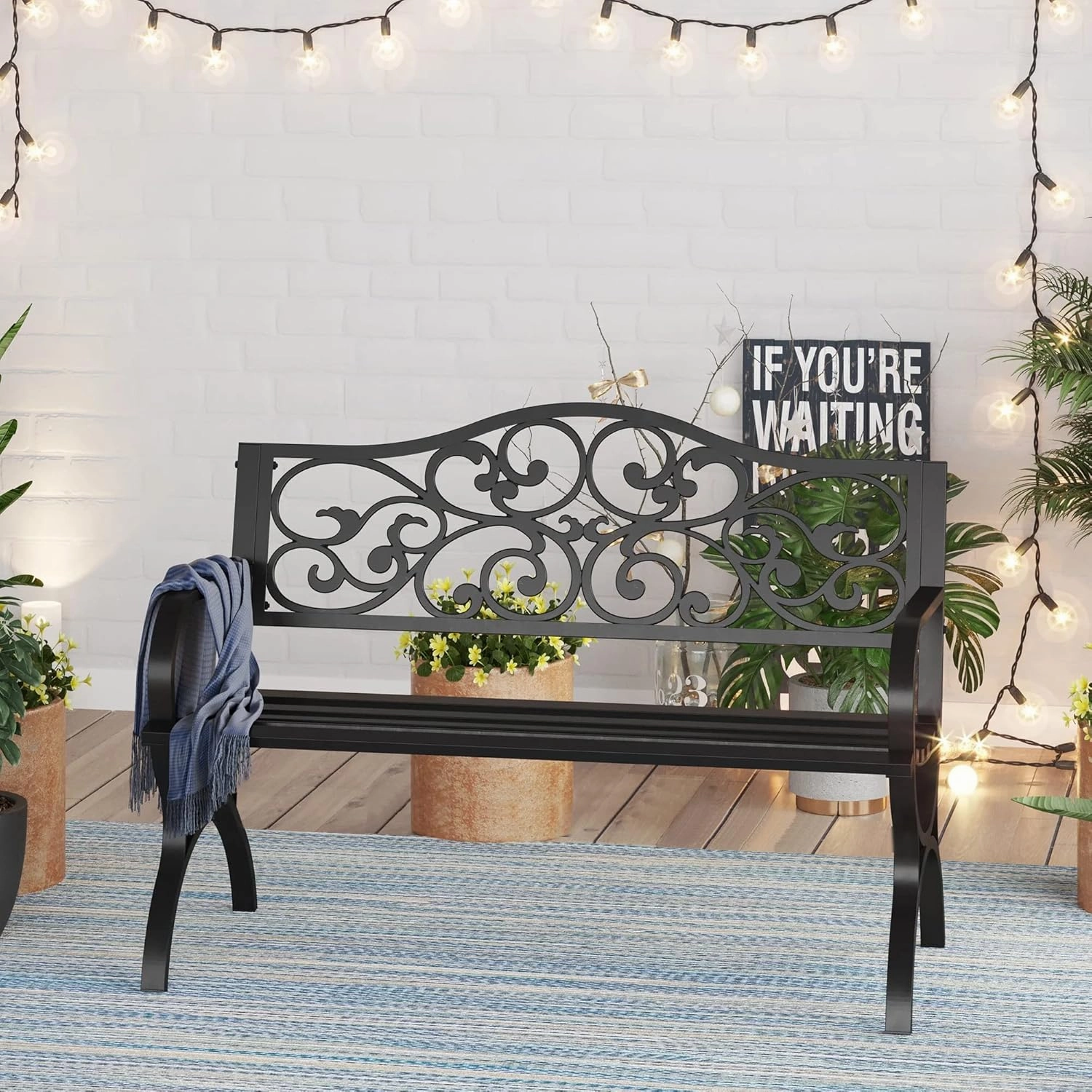 PHI VILLA 50-Inch Cast Iron Steel Frame Garden Bench Outdoor Patio Bench Chair w/Floral Design Backrest, Slatted Seat for Park, Yard & Porch, Black