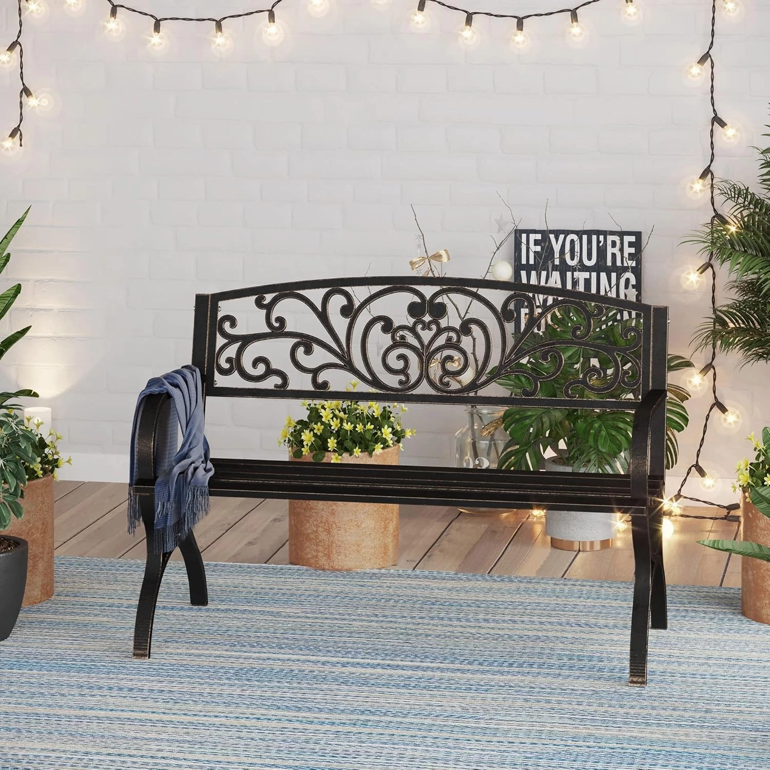 PHI VILLA 50Inch Cast Iron Steel Frame Garden Bench Patio Furniture Chair Outdoor Bench w/Floral Design Backrest, Slatted Seat for Park, Yard & Porch, Bronze