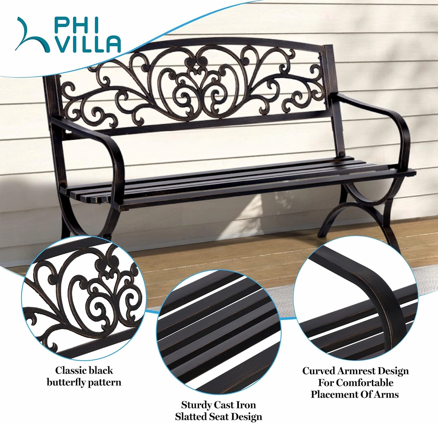 PHI VILLA 50Inch Cast Iron Steel Frame Garden Bench Patio Furniture Chair Outdoor Bench w/Floral Design Backrest, Slatted Seat for Park, Yard & Porch, Bronze