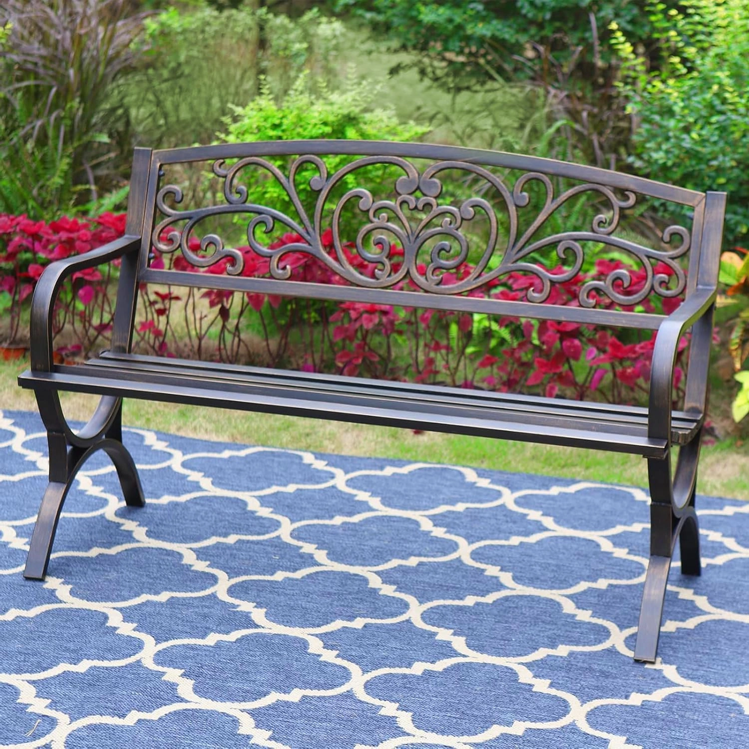 PHI VILLA 50Inch Cast Iron Steel Frame Garden Bench Patio Furniture Chair Outdoor Bench w/Floral Design Backrest, Slatted Seat for Park, Yard & Porch, Bronze