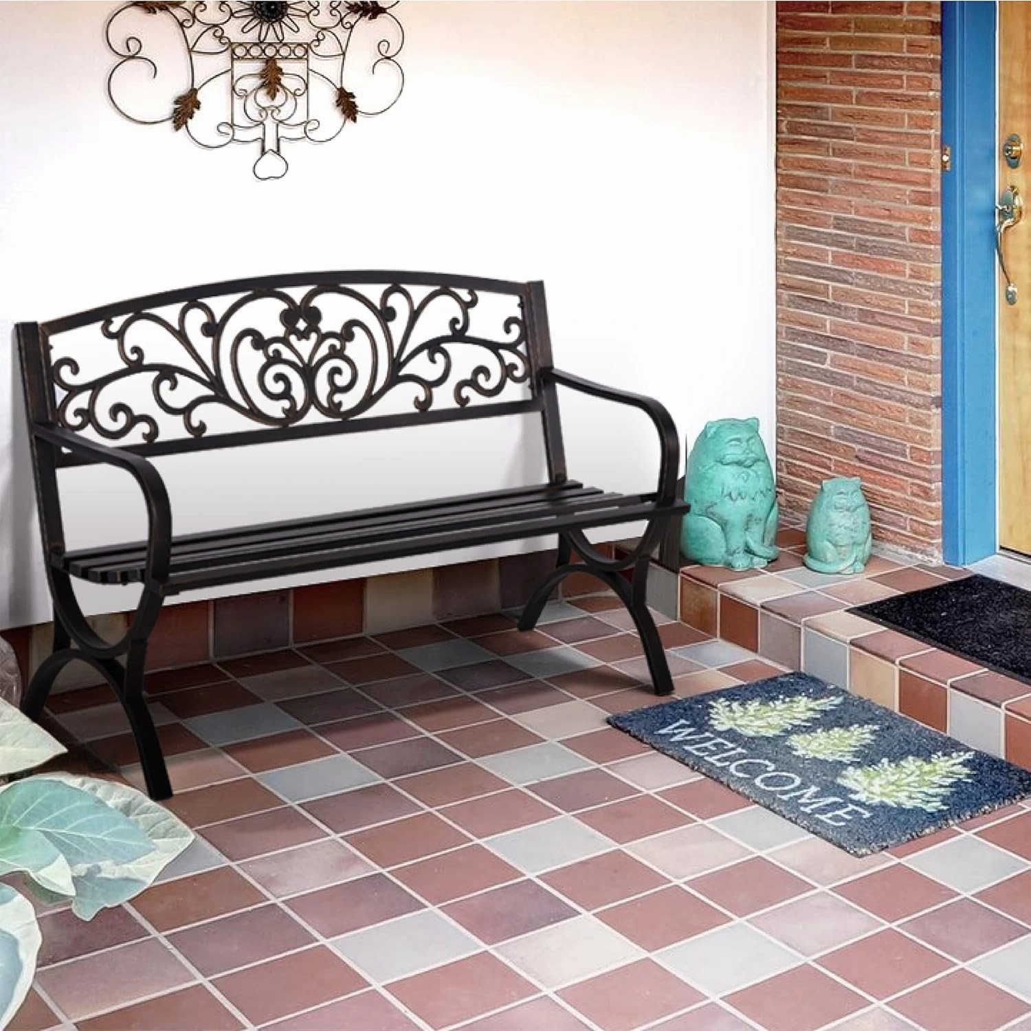 PHI VILLA 50Inch Cast Iron Steel Frame Garden Bench Patio Furniture Chair Outdoor Bench w/Floral Design Backrest, Slatted Seat for Park, Yard & Porch, Bronze