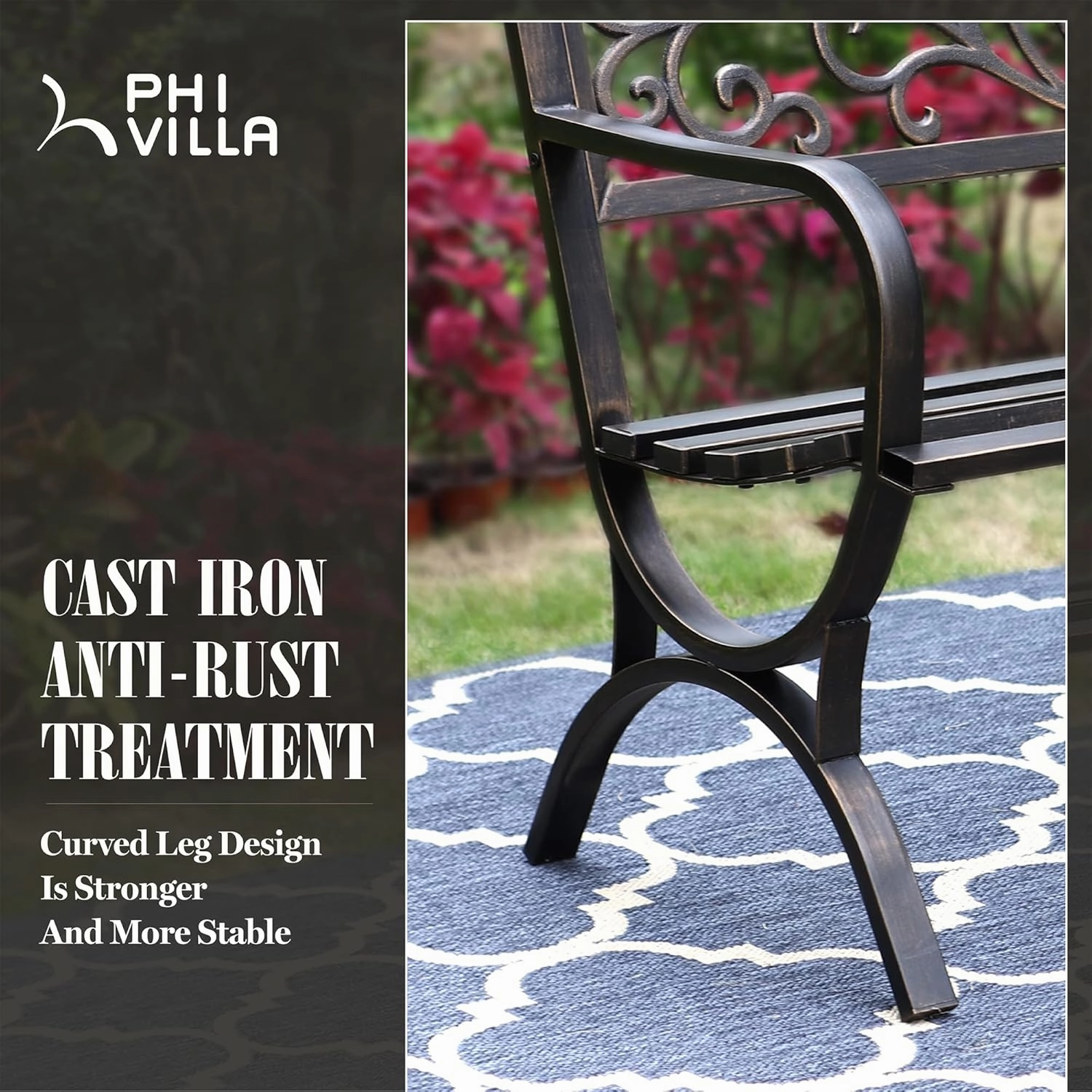 PHI VILLA 50Inch Cast Iron Steel Frame Garden Bench Patio Furniture Chair Outdoor Bench w/Floral Design Backrest, Slatted Seat for Park, Yard & Porch, Bronze