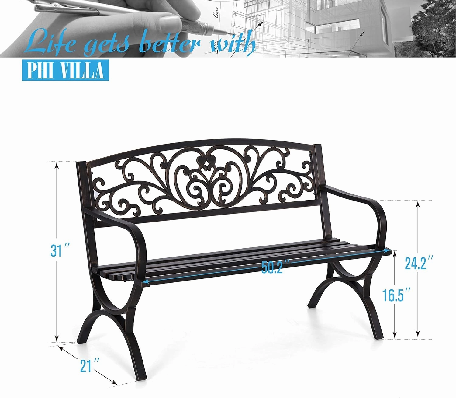 PHI VILLA 50Inch Cast Iron Steel Frame Garden Bench Patio Furniture Chair Outdoor Bench w/Floral Design Backrest, Slatted Seat for Park, Yard & Porch, Bronze