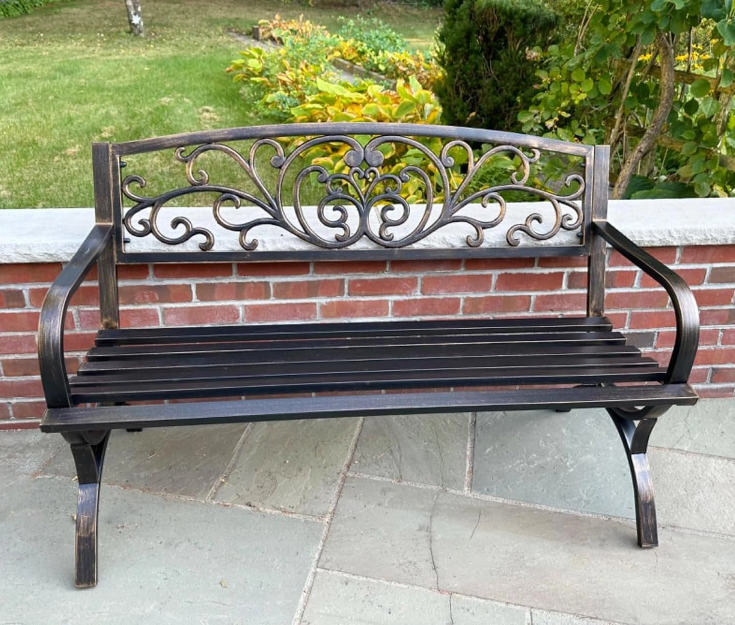 PHI VILLA 50Inch Cast Iron Steel Frame Garden Bench Patio Furniture Chair Outdoor Bench w/Floral Design Backrest, Slatted Seat for Park, Yard & Porch, Bronze