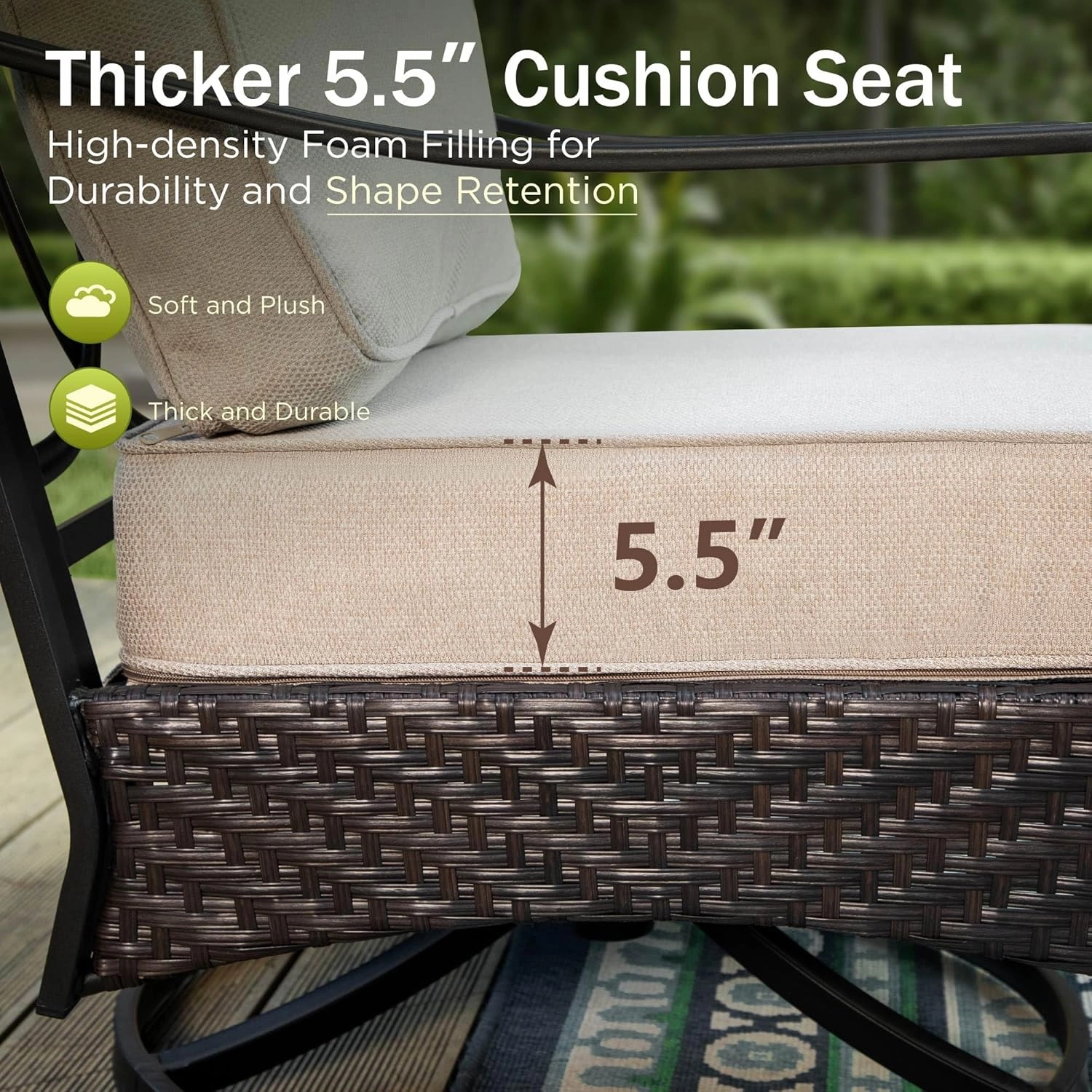 PHI VILLA Outdoor Modern Patio Furniture Set, Upgraded Wicker&Metal Patio Furniture Conversation Set with Waterproof Thick Cushions for Porch, Poolside, Deck, and Yard (4 Pieces,Beige)
