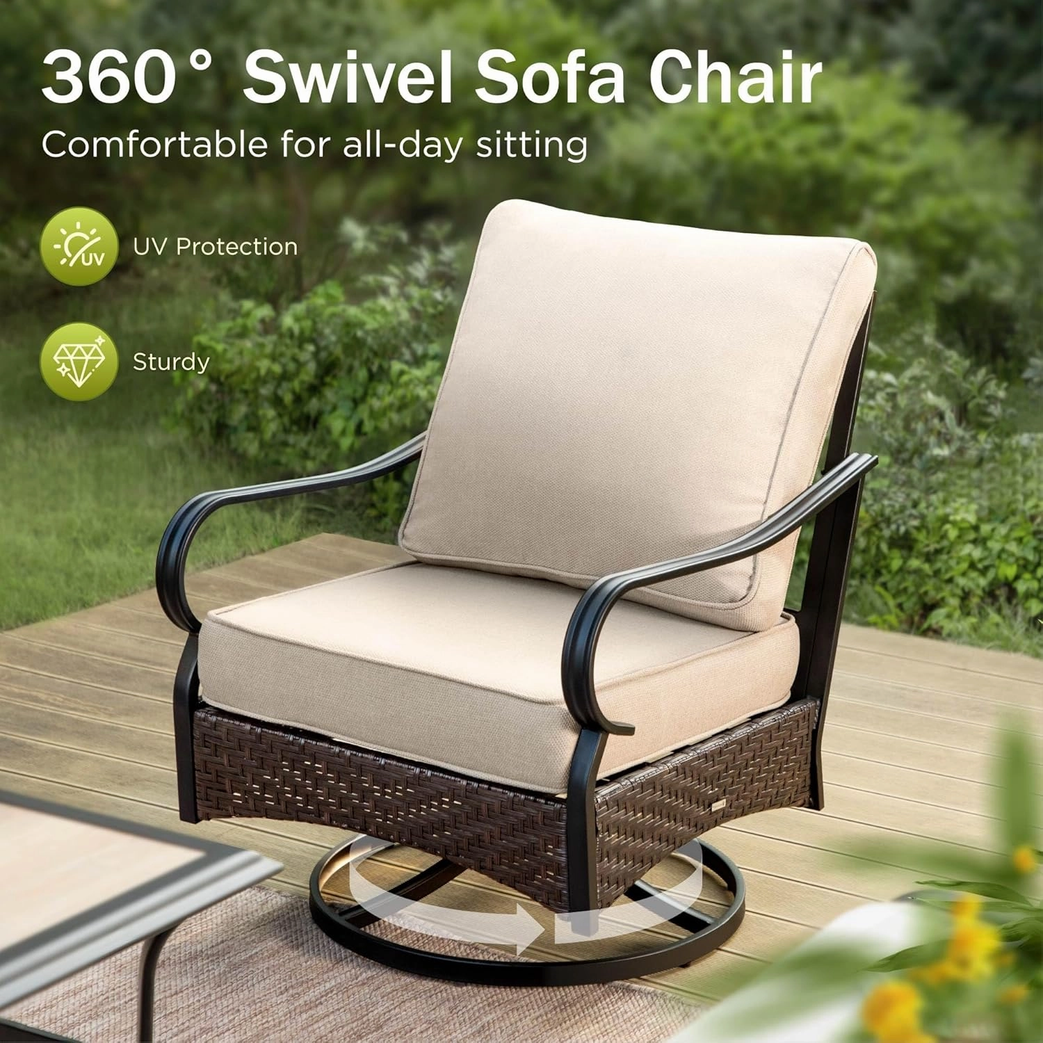 PHI VILLA Outdoor Modern Patio Furniture Set, Upgraded Wicker&Metal Patio Furniture Conversation Set with Waterproof Thick Cushions for Porch, Poolside, Deck, and Yard (4 Pieces,Beige)