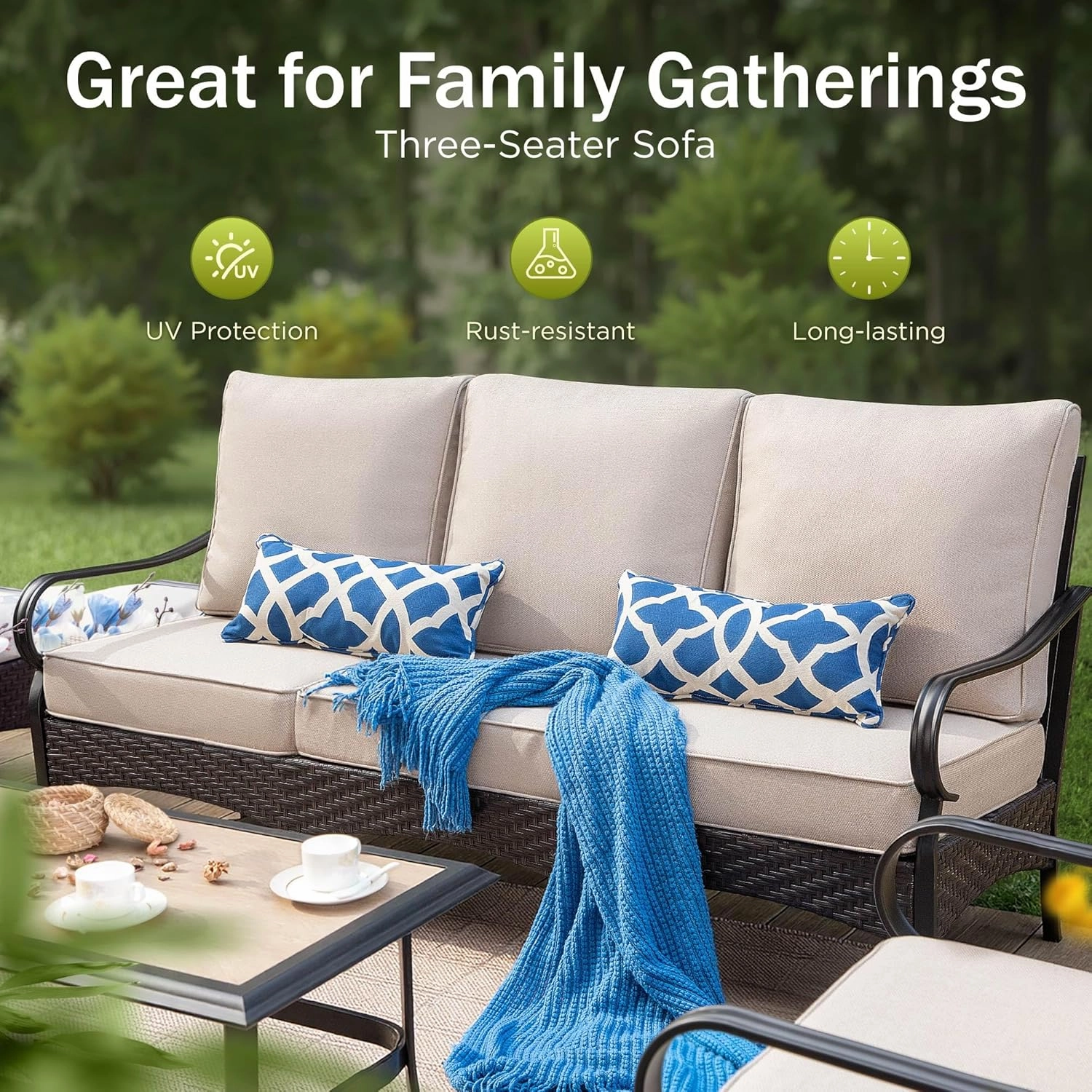 PHI VILLA Outdoor Modern Patio Furniture Set, Upgraded Wicker&Metal Patio Furniture Conversation Set with Waterproof Thick Cushions for Porch, Poolside, Deck, and Yard (4 Pieces,Beige)