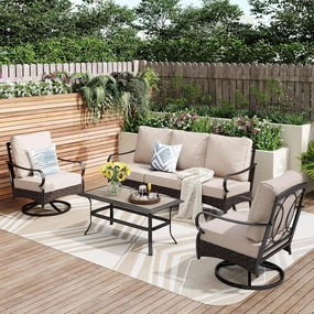 PHI VILLA Outdoor Modern Patio Furniture Set, Upgraded Wicker&Metal Patio Furniture Conversation Set with Waterproof Thick Cushions for Porch, Poolside, Deck, and Yard (4 Pieces,Beige)