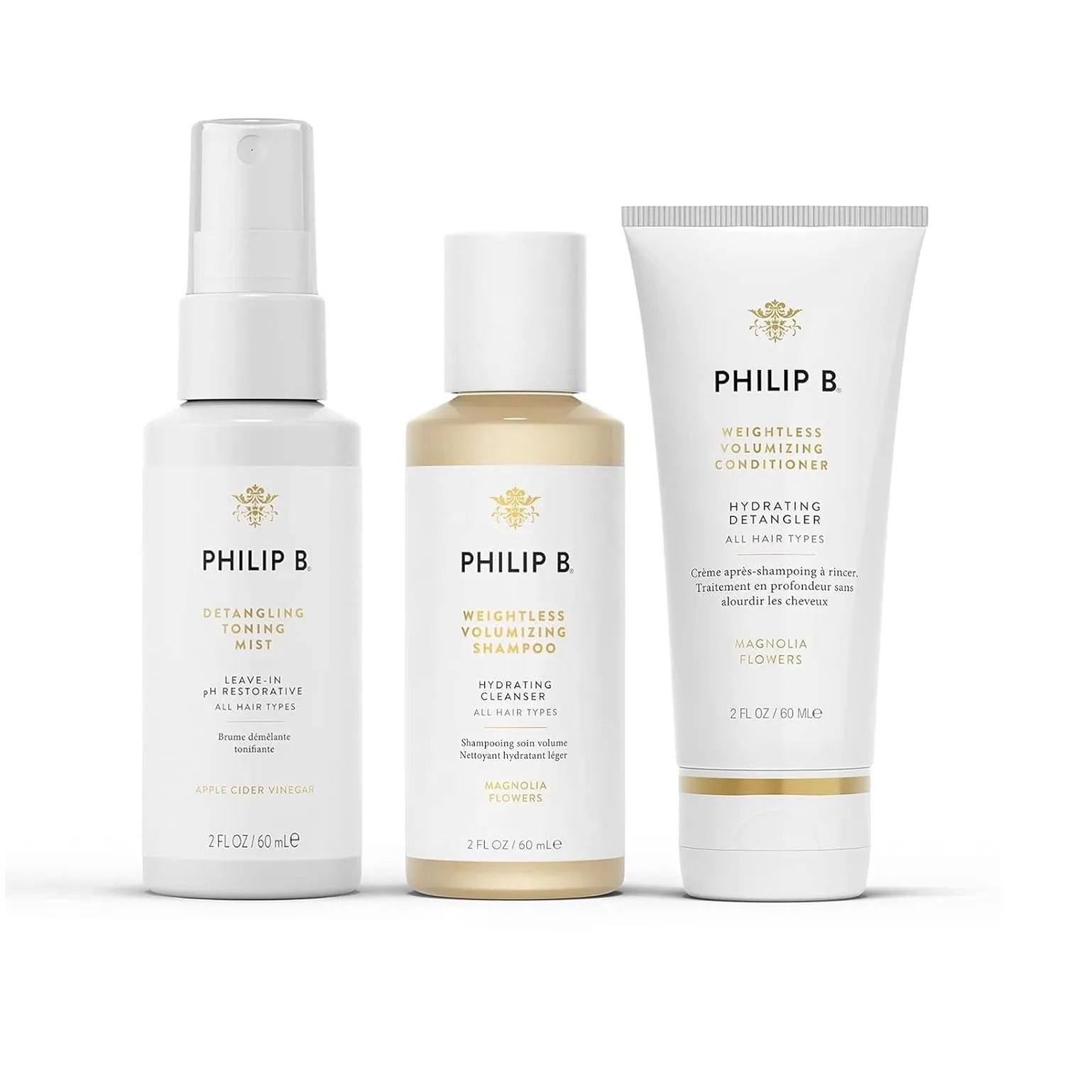 PHILIP B. Weightless Volumizing Hair Shampoo 2 oz   Weightless Volumizing Conditioner 2 oz   Detangling Toning Mist pH Restorative 2 oz, Shampoo, Conditioner & Toning Set