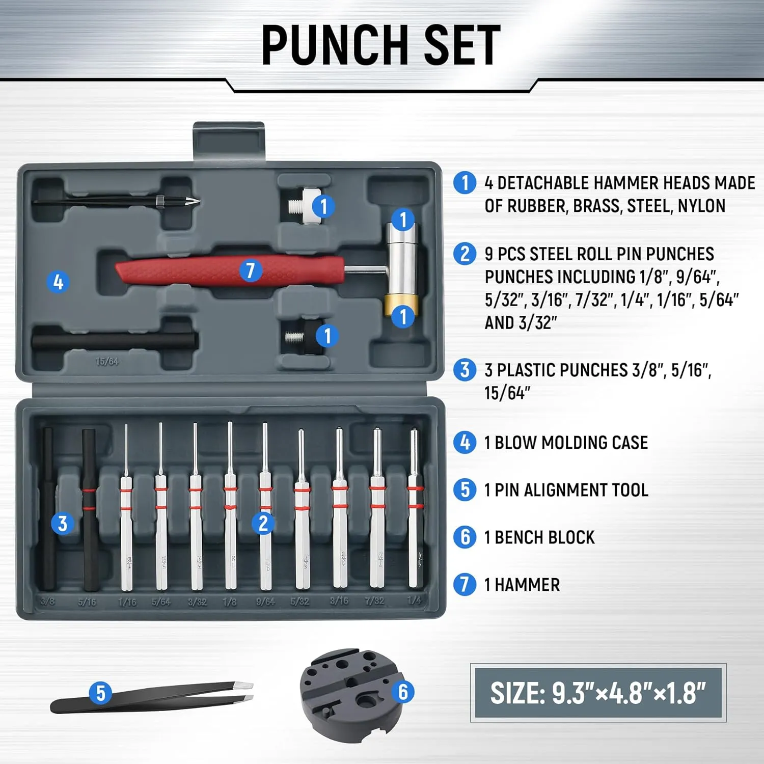 Pin Punch Set, Steel Roll Pin Punch Set, Punch Tool, Pin Punches with Replaceable Face Hammer, Made of Solid Material, Mechanical Repair Tool with Bench Block