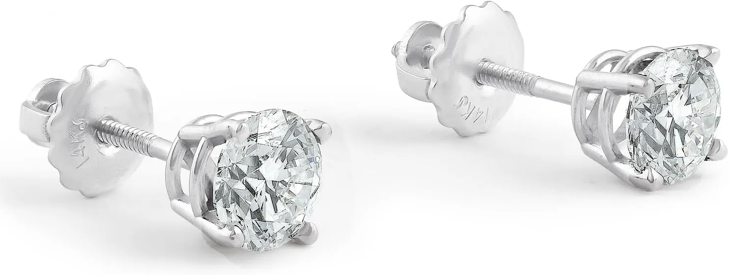 Pompeii Certified 1.00Ct Natural Round Screw Back Diamond Studs 14k Gold