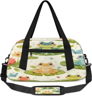 Pond Watercolor Frogs Flowers Waterproof Sports Gym Bag Portable Dance Gymnastics Work Out Bag Lightweight Travel Duffel Bag Overnight Weekender Bag