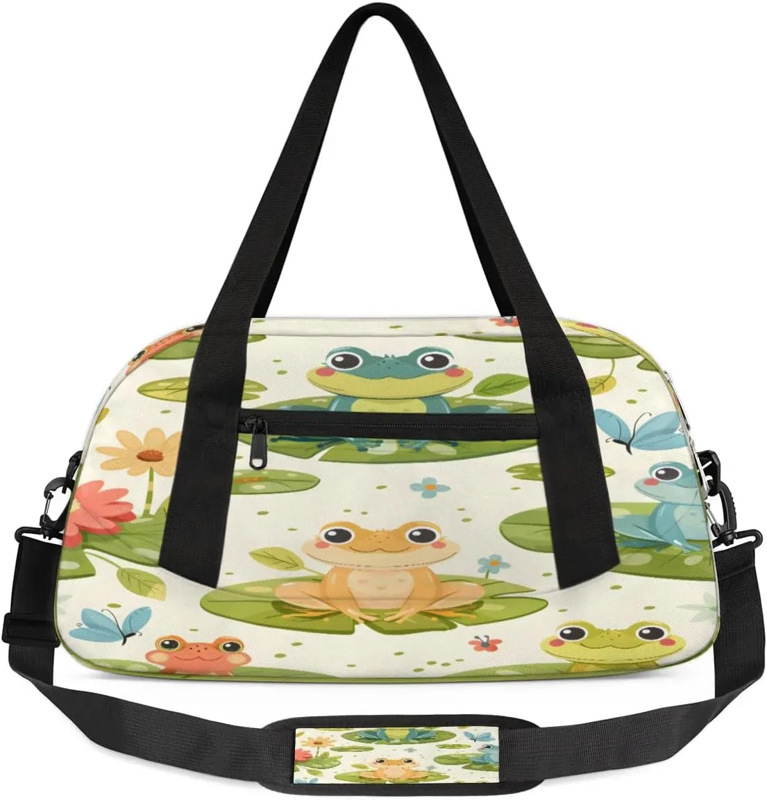 Pond Watercolor Frogs Flowers Waterproof Sports Gym Bag Portable Dance Gymnastics Work Out Bag Lightweight Travel Duffel Bag Overnight Weekender Bag