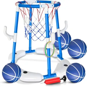 Pool Basketball Hoop, 2-in-1 Floating Basketball Pool Toys & Ring Toss Game, Summer Swimming Pool Game with 4 Balls and Pump, Outdoor Pool Party Toys, Water Basketball for Kids Adults Age 3-12