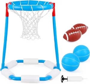 Pool Basketball Hoop Toys Game, Floating Pool Toys Floating Basketball Hoop Swimming Pool Games with 2 Basketball, 2 Football & 1 Pump for Kids Adults Indoor Outdoor Play Game Supplies