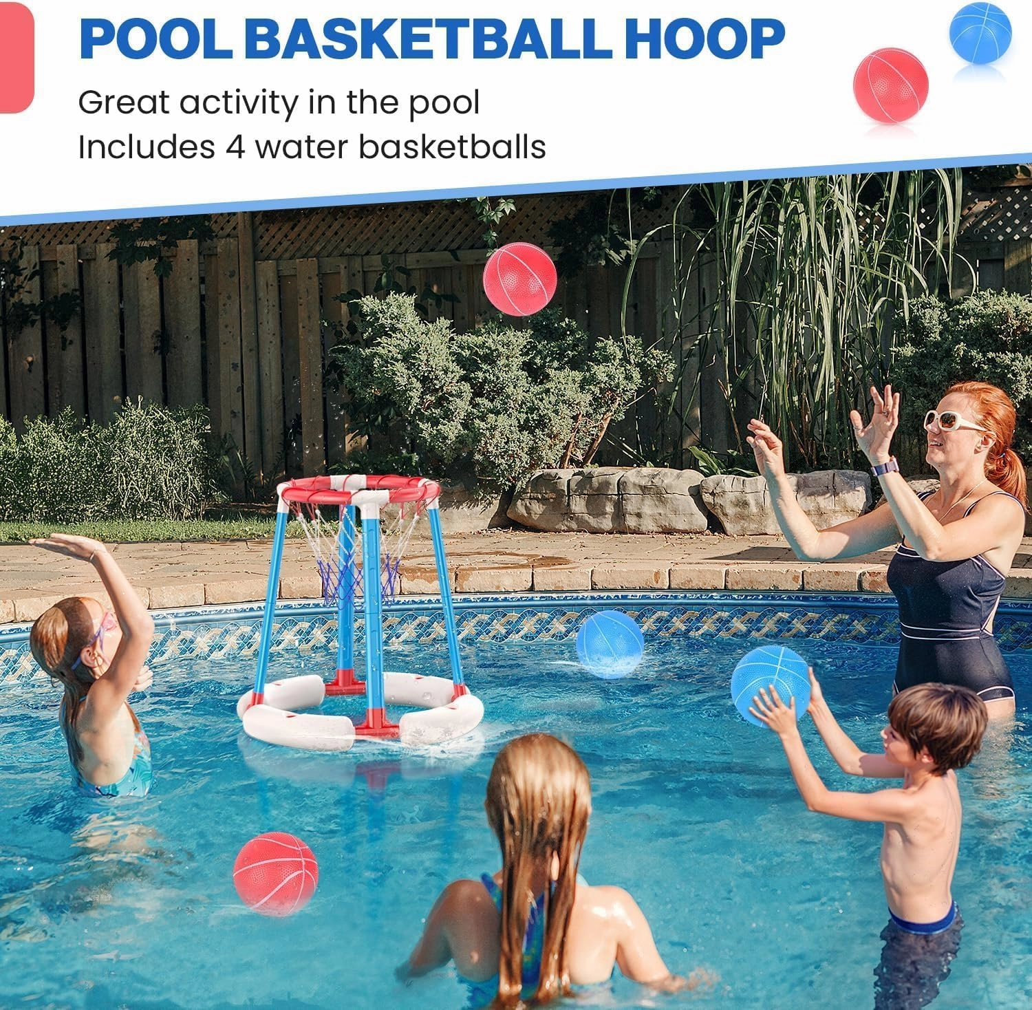 Pool Basketball Hoop Poolside, Floating Pool Toys with 4 Basketballs/Pump, Swimming Pool Games for Kids Ages 4-8 8-12 & Adults Indoor Outdoor Play