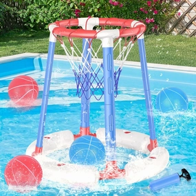 Pool Basketball Hoop Poolside, Floating Pool Toys with 4 Basketballs/Pump, Swimming Pool Games for Kids Ages 4-8 8-12 & Adults Indoor Outdoor Play