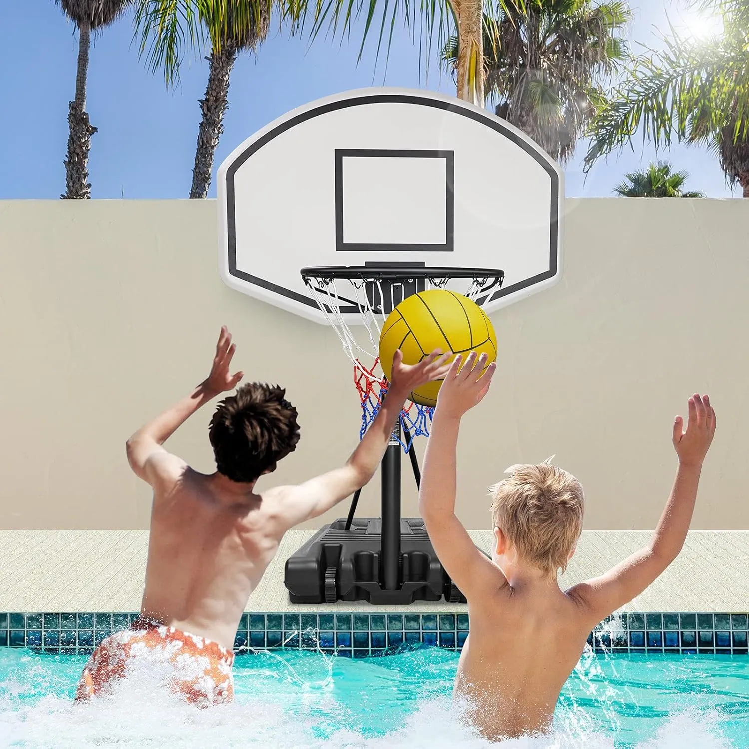 Poolside Basketball Hoop with Height Adjustable 37""-56"" Swimming Pool Basketball System with 36"" x 24"" Backboard and Base,17"" Rim for Water Games