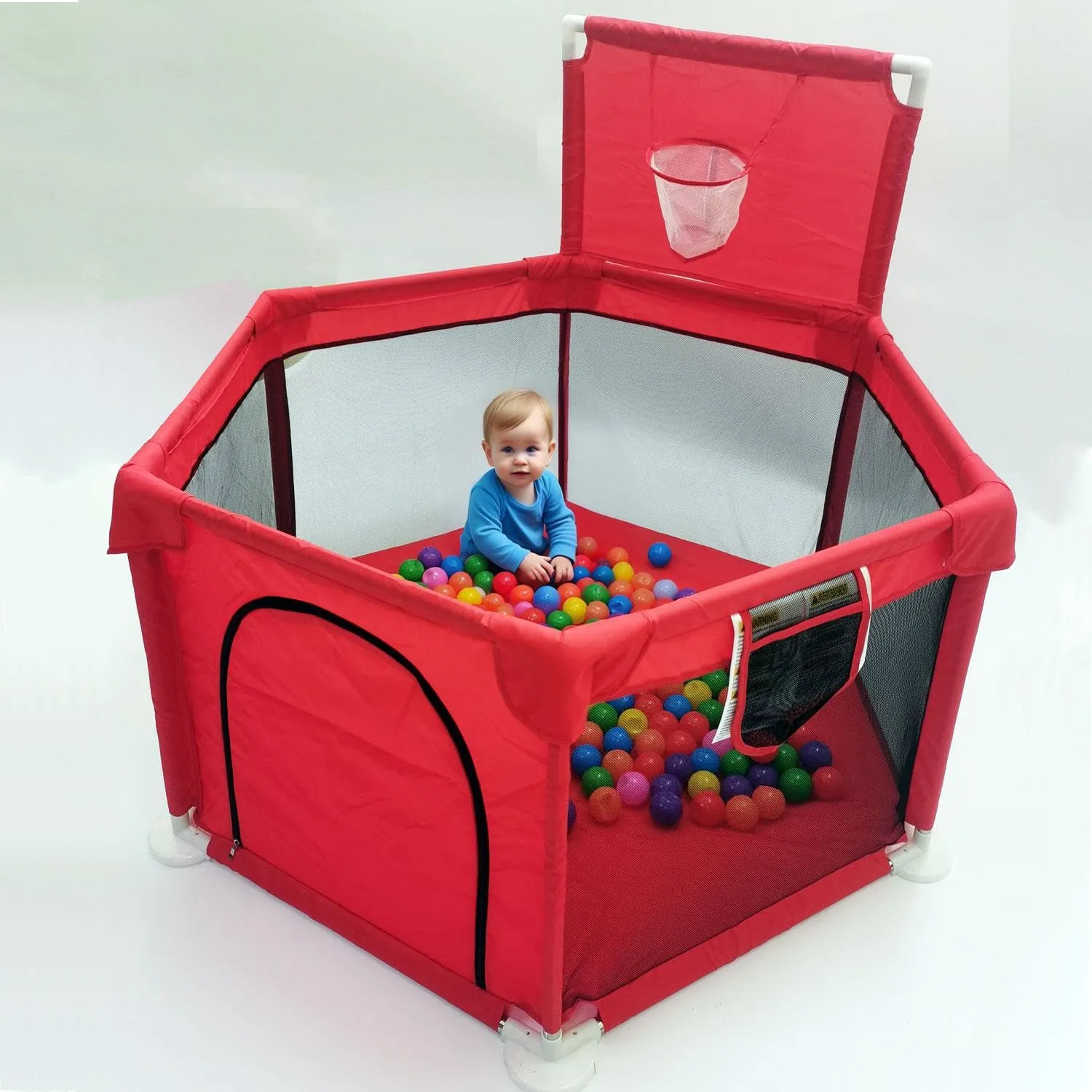 Portable Baby Ball Pit Playpen Playard Fence Playtent with Basketball Hoop Breathable Mesh for Indoors Outdoors Toddler Kids Large