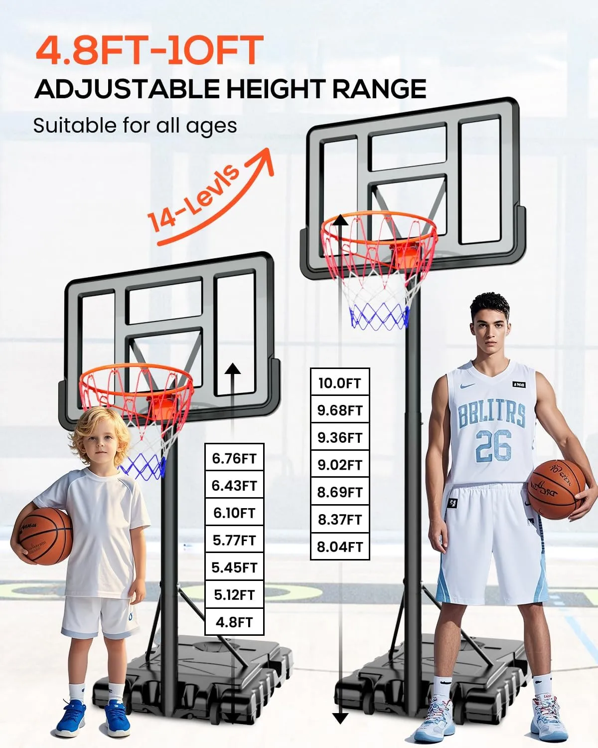 Portable Outdoor Basketball Hoop Adjustable 4.8-10ft: Basketball Goal System for Kids, Teens & Adults in Backyard/Driveway/Indoor, 44 Inch Shatterproof Backboard and Stable Base