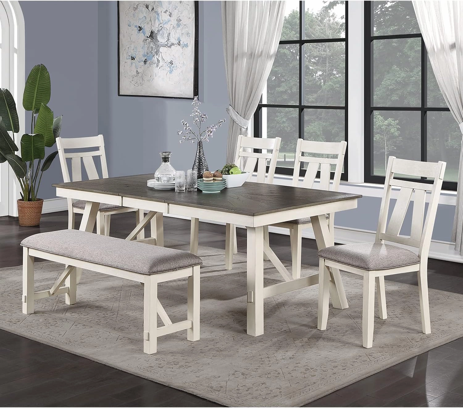 Poundex Upholstered Cushion Dining Bench in Grey and White