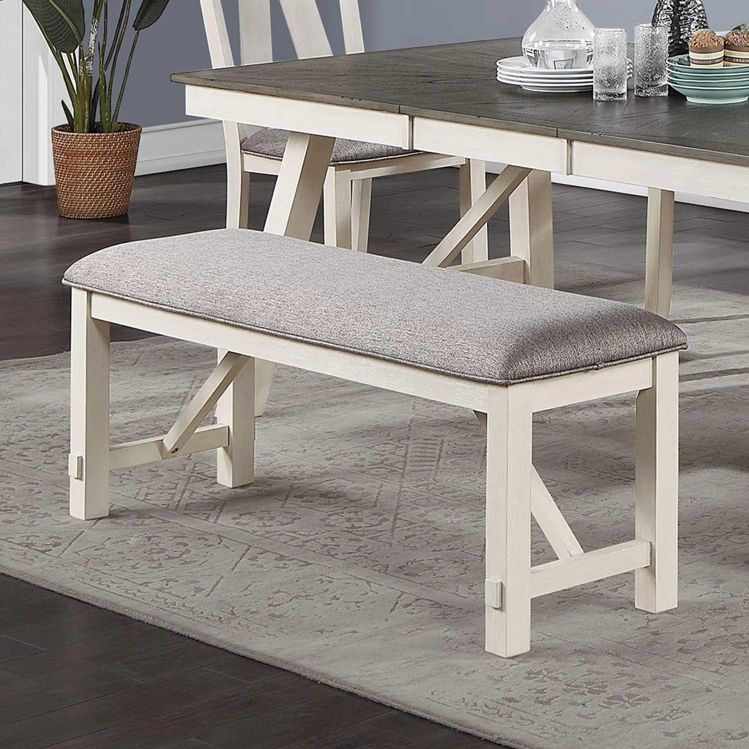 Poundex Upholstered Cushion Dining Bench in Grey and White