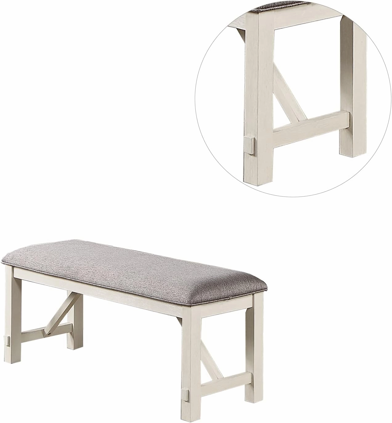 Poundex Upholstered Cushion Dining Bench in Grey and White