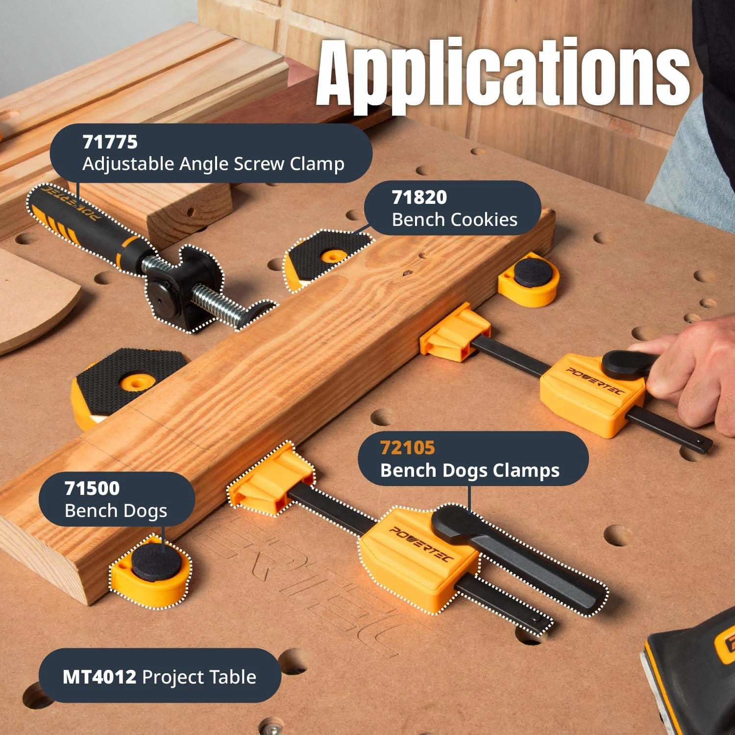 POWERTEC Bench Dog Clamps for 3/4" Dog Holes, Quick Release and Heavy Duty Workbench Clamps with 176lbs Clamping Force, Woodworking Tools - 2PCs (72105)