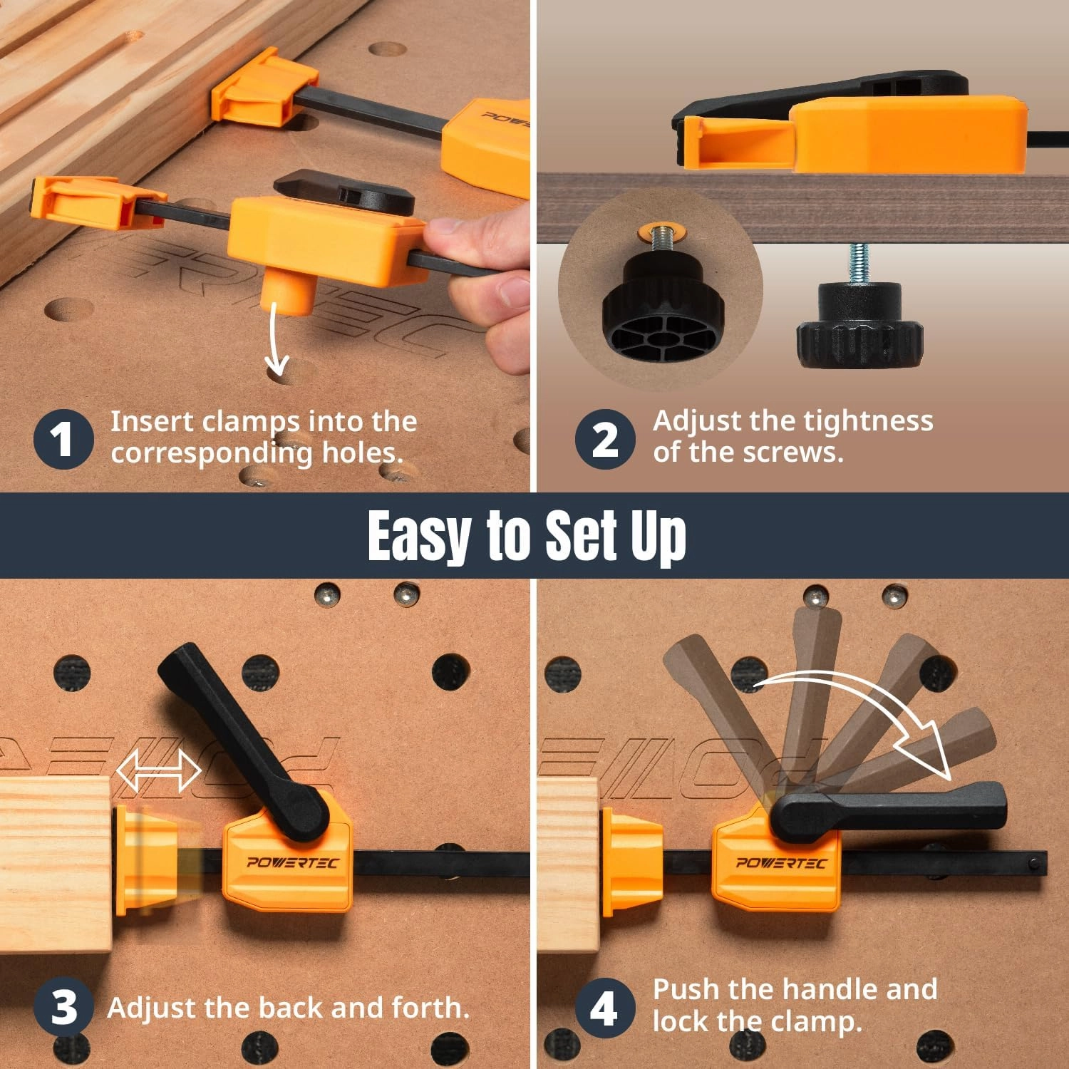 POWERTEC Bench Dog Clamps for 3/4" Dog Holes, Quick Release and Heavy Duty Workbench Clamps with 176lbs Clamping Force, Woodworking Tools - 2PCs (72105)