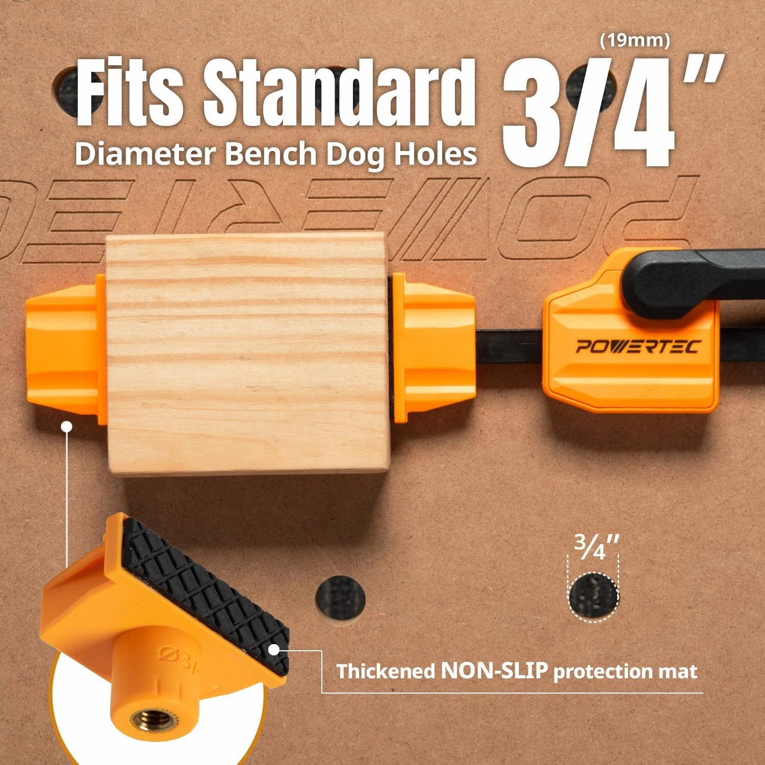 POWERTEC Bench Dog Clamps for 3/4" Dog Holes, Quick Release and Heavy Duty Workbench Clamps with 176lbs Clamping Force, Woodworking Tools - 2PCs (72105)