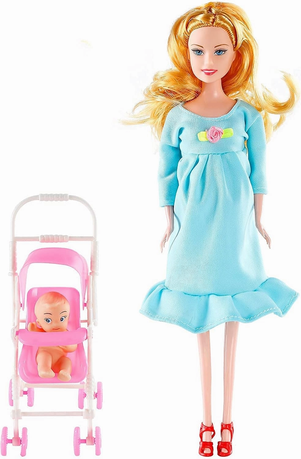 Pregnant Doll Have a Baby in Her Tummy Mom Doll Pregnant Mom Toy with Baby Doll Trolley (Blue)