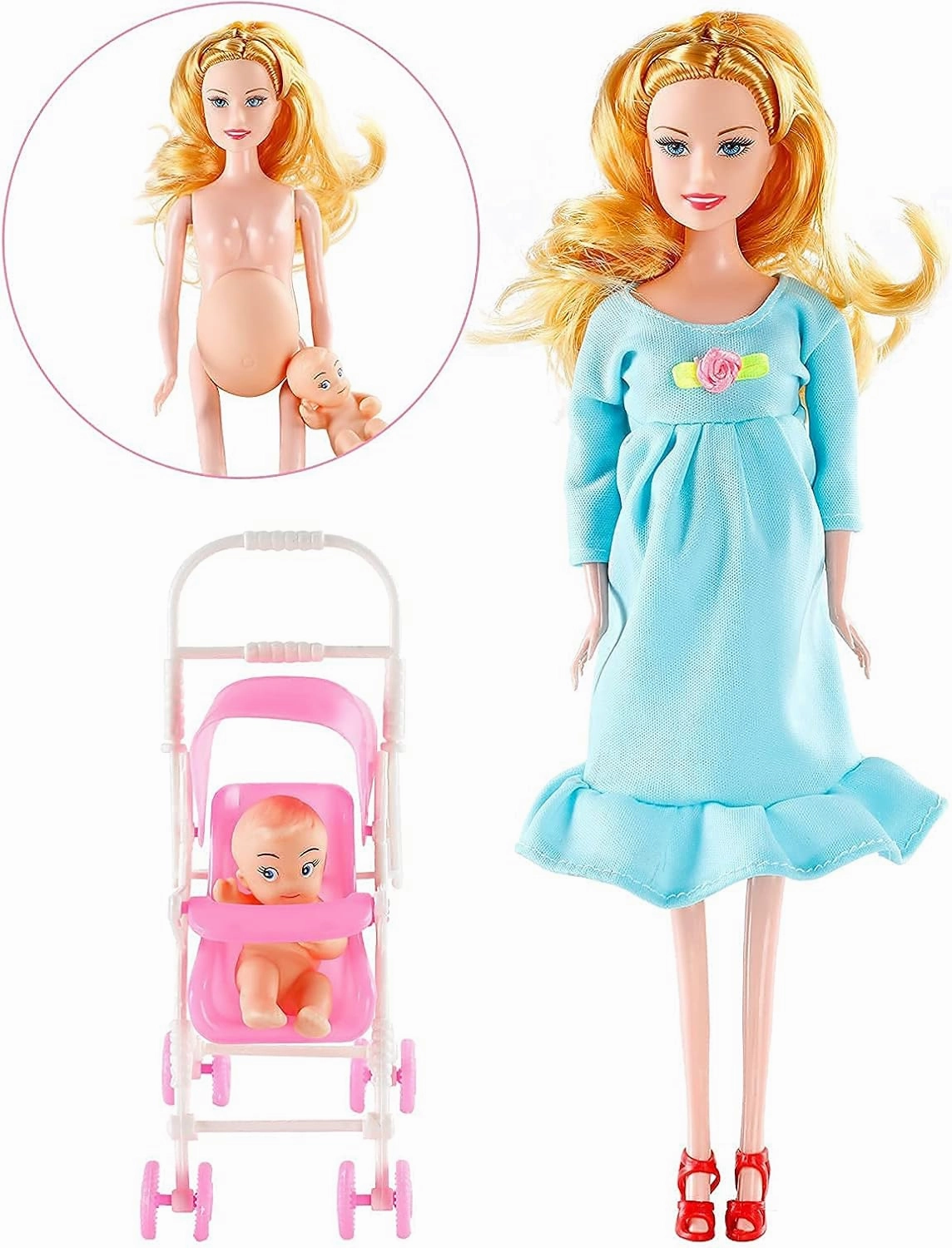Pregnant Doll Have a Baby in Her Tummy Mom Doll Pregnant Mom Toy with Baby Doll Trolley (Blue)