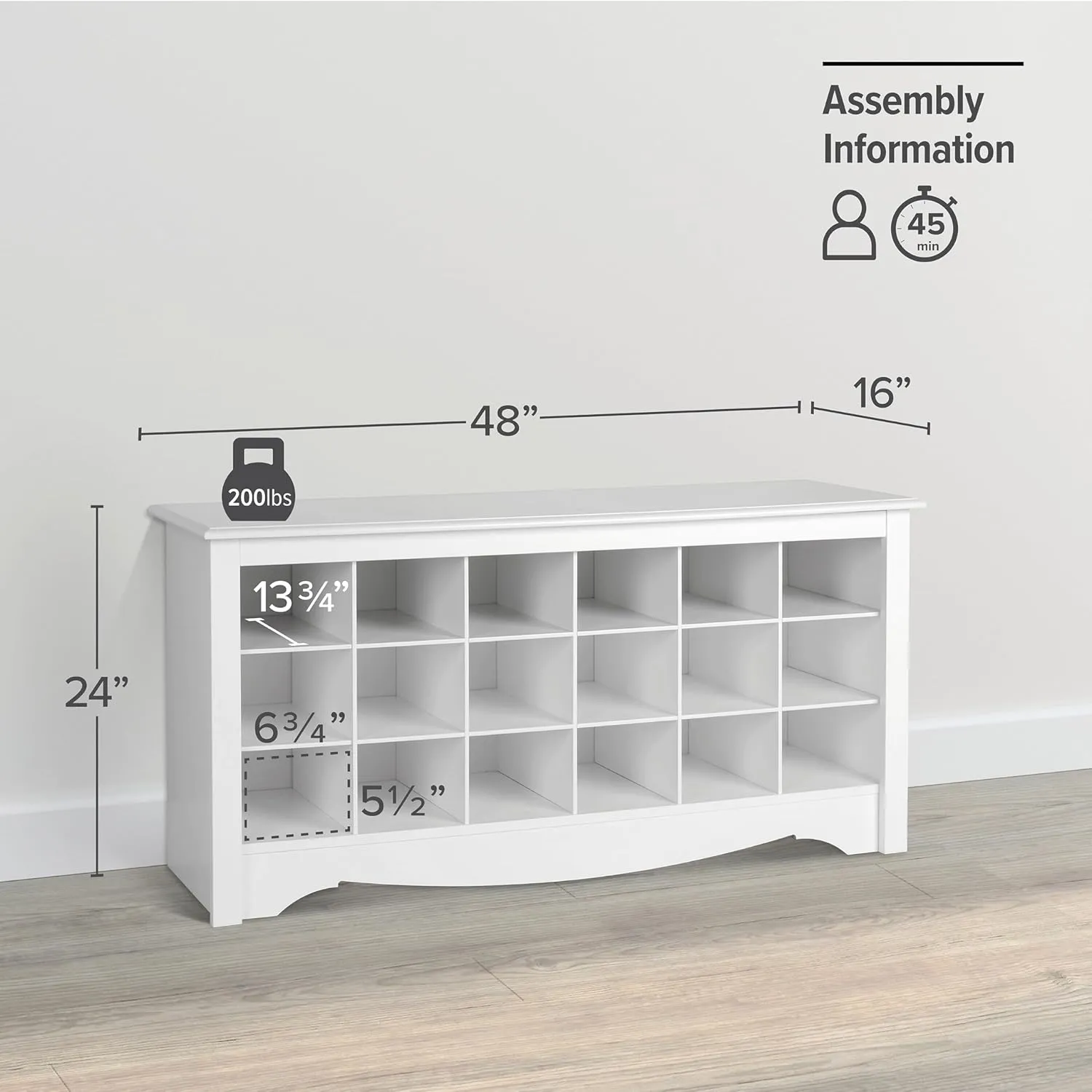 PREPAC Shoe Storage Cubbie Bench, 24" x 48" x 16", White