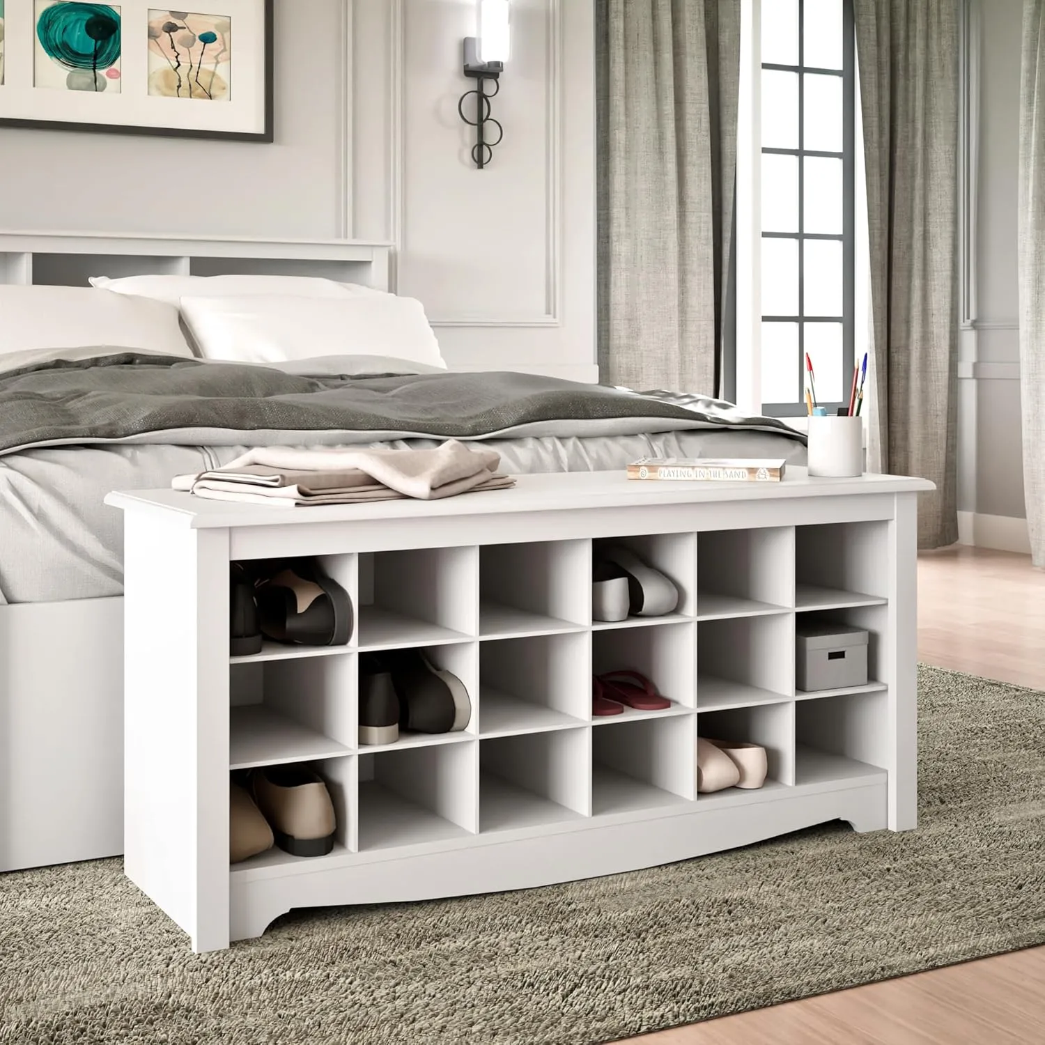 PREPAC Shoe Storage Cubbie Bench, 24" x 48" x 16", White