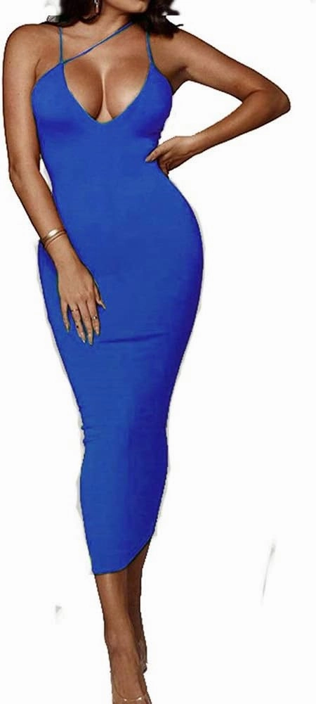 PRIMODA Women's Sexy Neon Asymmetrical Spaghetti Strap Dress Deep V-Neck Sleeveless Bodycon Midi Club Dress