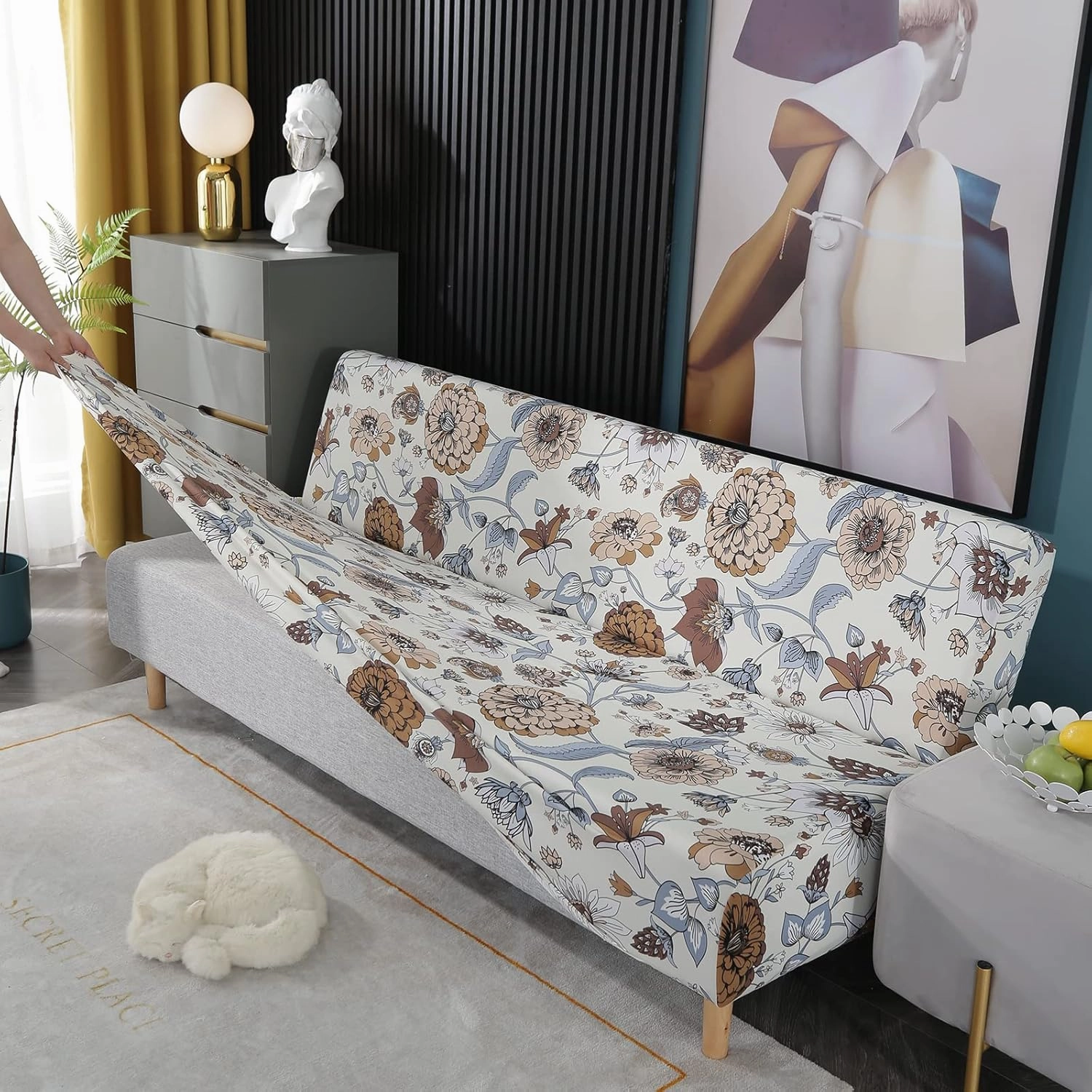 Printed Futon Cover Stretch Sofa Bed Slipcovers Full Twin Queen Size Armless Couch Loveseat Protector Covers with Elastic Bottom for Living Room Bedroom Furniture (QiuJu)