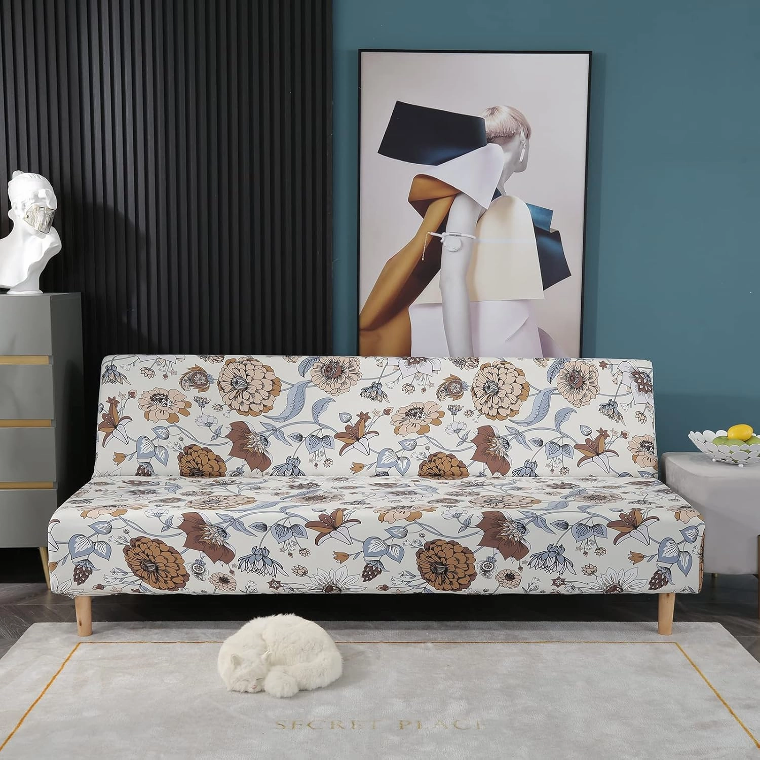 Printed Futon Cover Stretch Sofa Bed Slipcovers Full Twin Queen Size Armless Couch Loveseat Protector Covers with Elastic Bottom for Living Room Bedroom Furniture (QiuJu)