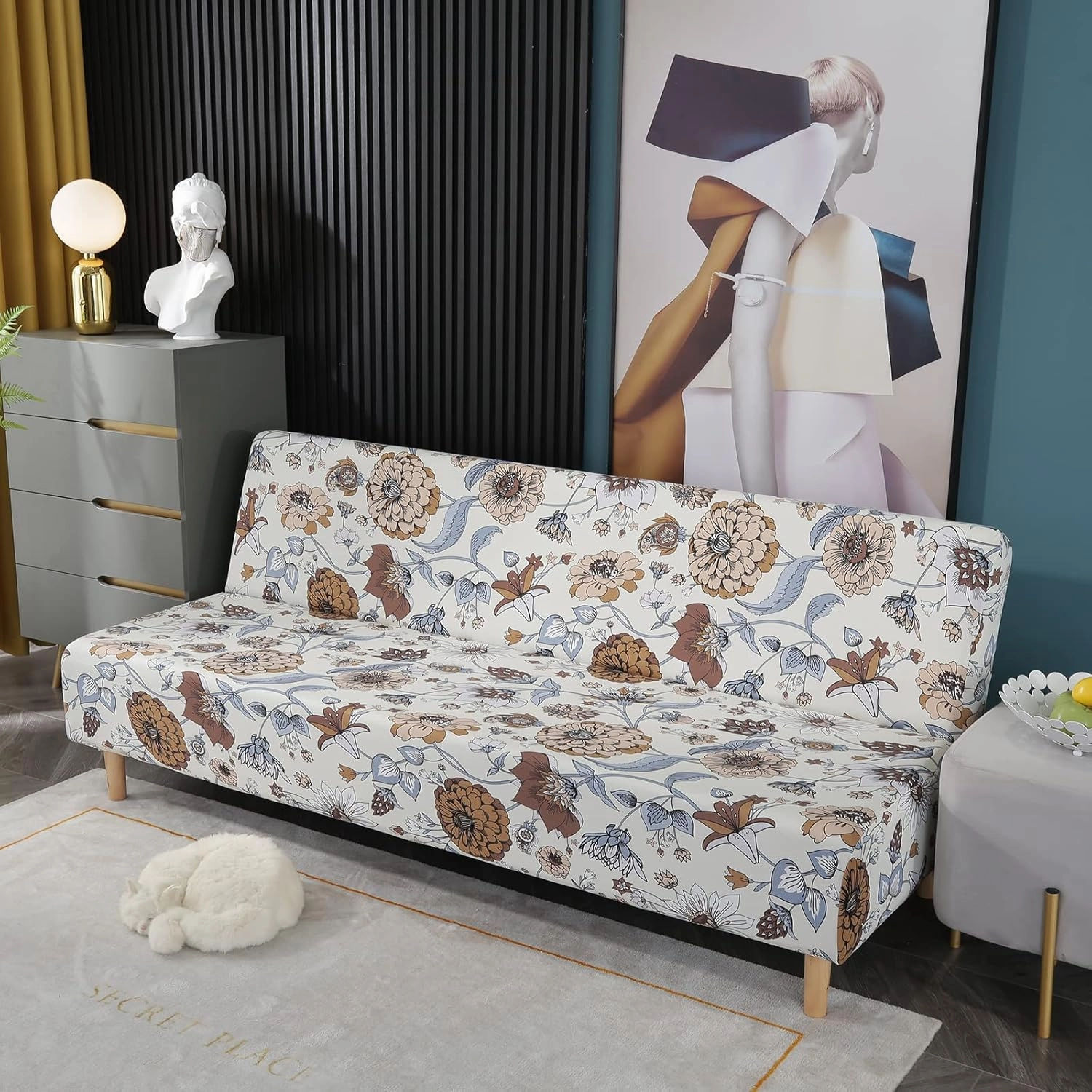 Printed Futon Cover Stretch Sofa Bed Slipcovers Full Twin Queen Size Armless Couch Loveseat Protector Covers with Elastic Bottom for Living Room Bedroom Furniture (QiuJu)