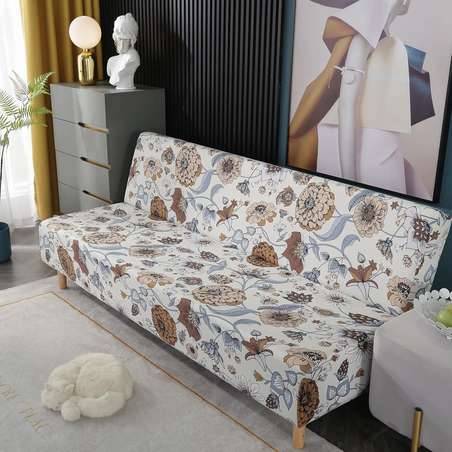 Printed Futon Cover Stretch Sofa Bed Slipcovers Full Twin Queen Size Armless Couch Loveseat Protector Covers with Elastic Bottom for Living Room Bedroom Furniture (QiuJu)