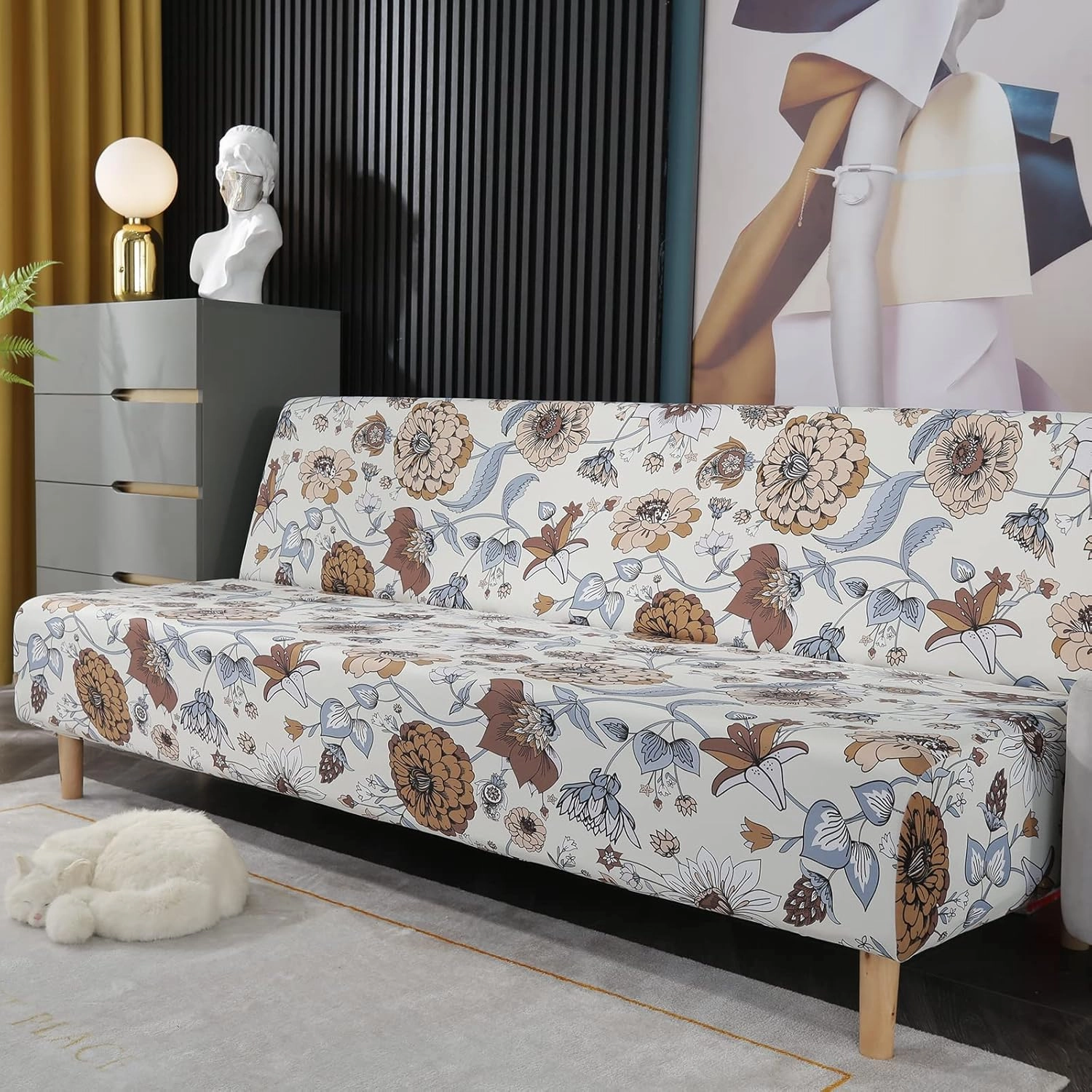Printed Futon Cover Stretch Sofa Bed Slipcovers Full Twin Queen Size Armless Couch Loveseat Protector Covers with Elastic Bottom for Living Room Bedroom Furniture (QiuJu)