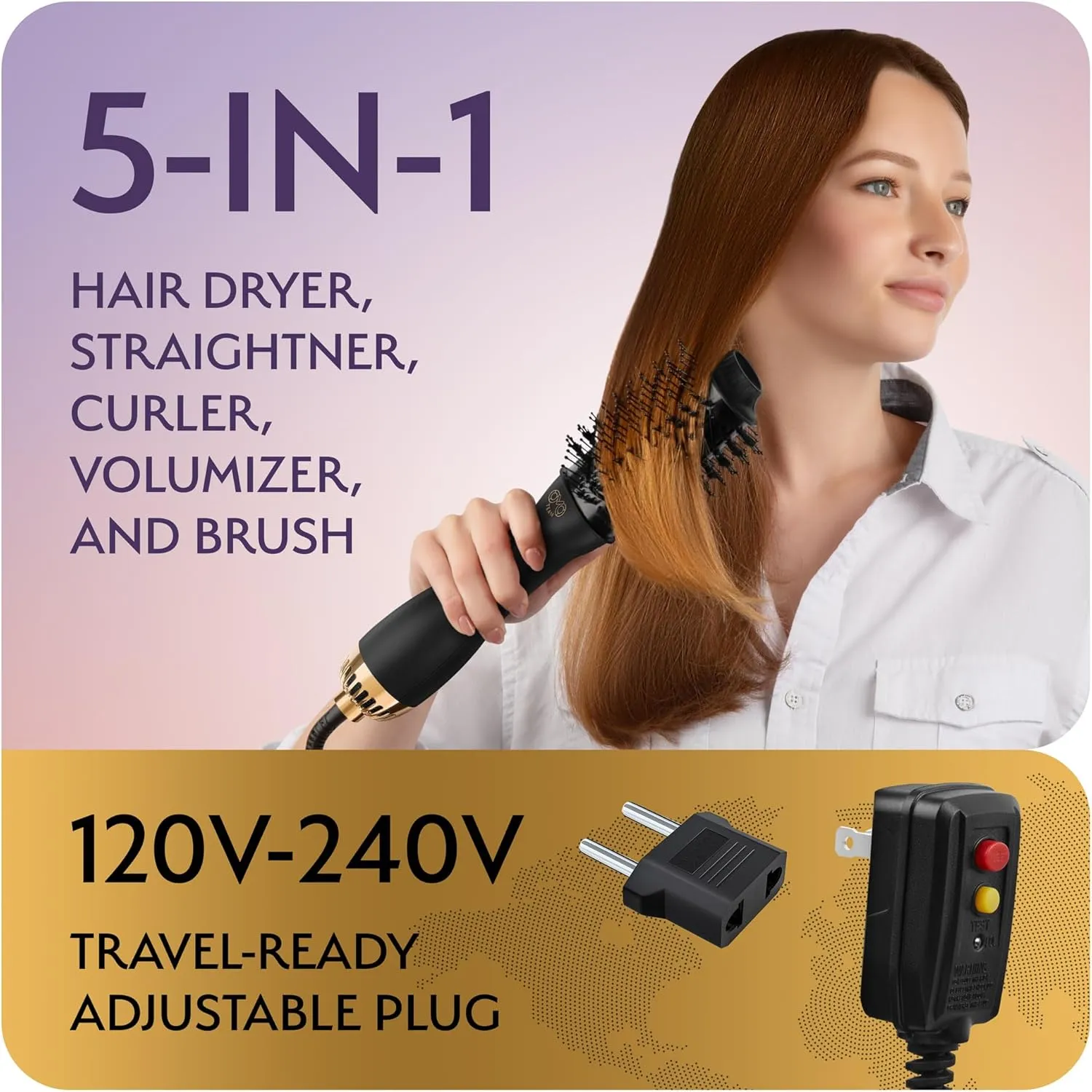 Professional Dual Voltage Blowout Hair Dryer Brush for European Travel 110V-120V/220V-240V, Black Gold Dryer and Volumizer, Hot Air Brush for Women, 2.4 INCHES Oval Shape